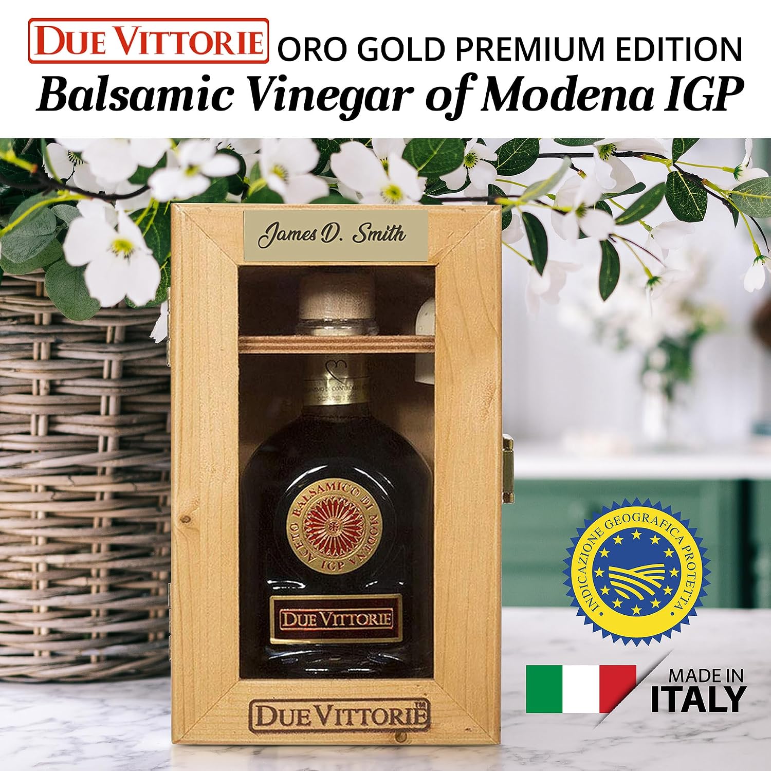 Due Vittorie Oro Gold Premium Edition Balsamic Vinegar Gift Set with Cork Pourer and Wooden Gift Box - Oak Barrel Aged Balsamic Vinegar of Modena - 8.45 fl oz