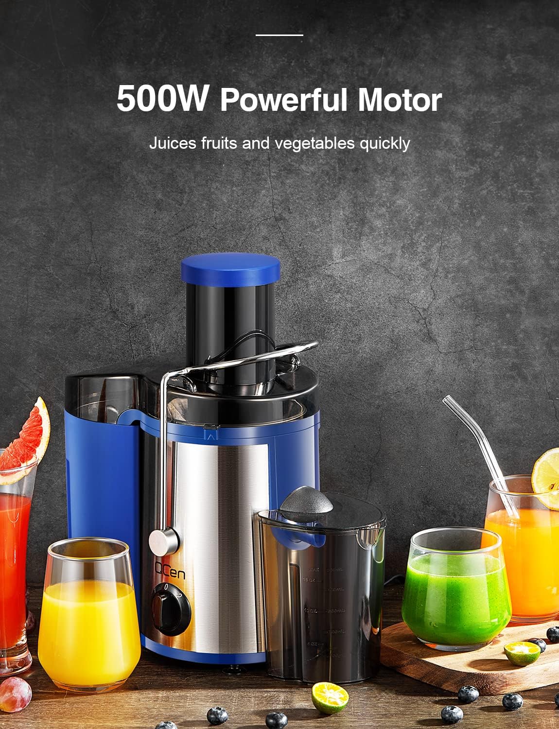 QCen Juicer Machine 500W Centrifugal Juicer with Extra Wide Feed Chute