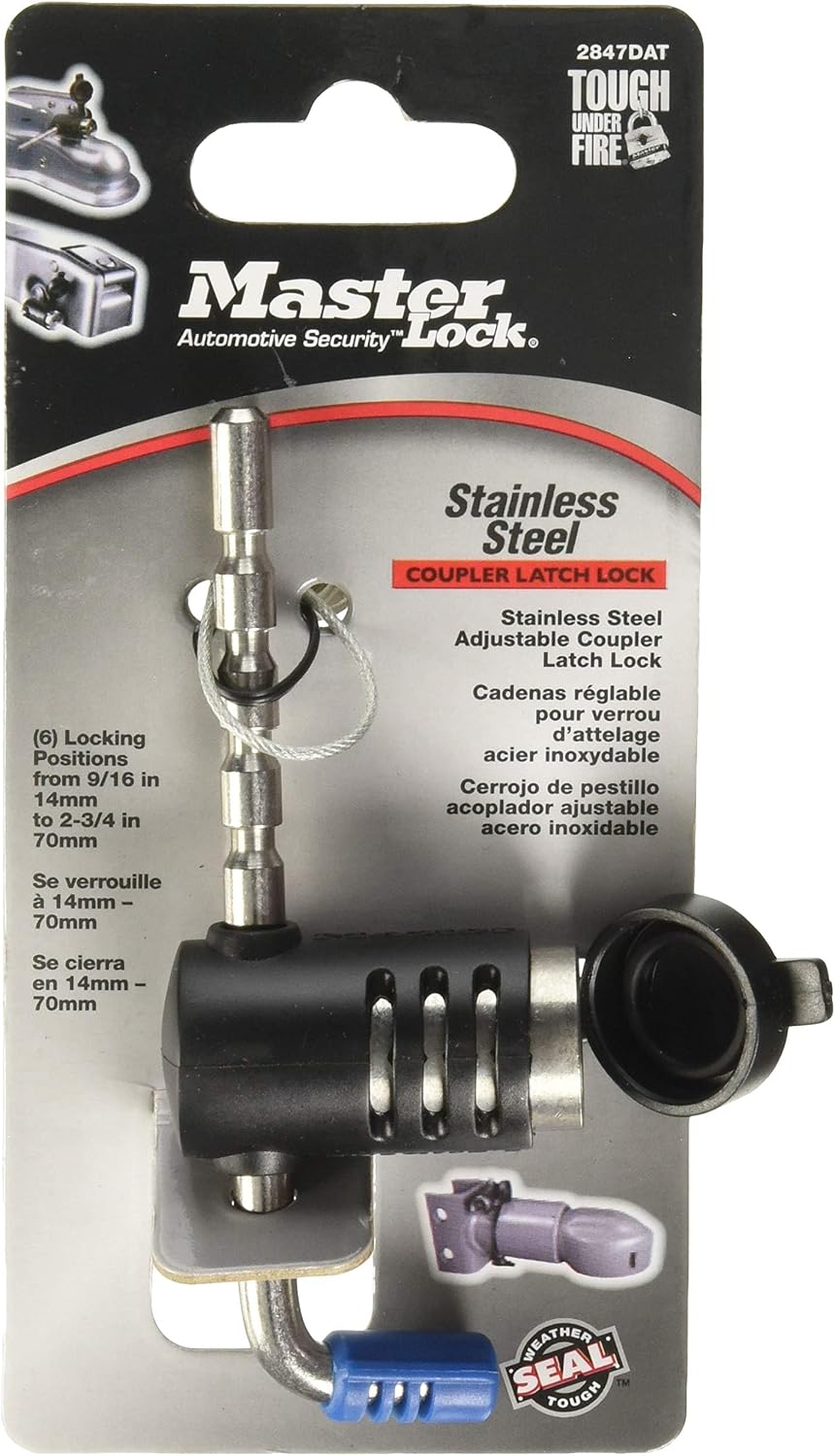 Master Lock Adjustable Coupler Lock Stainless Steel Trailer Hitch 2847DAT | Keyed trailer hitch helps secure RVs, trailers & towing gear