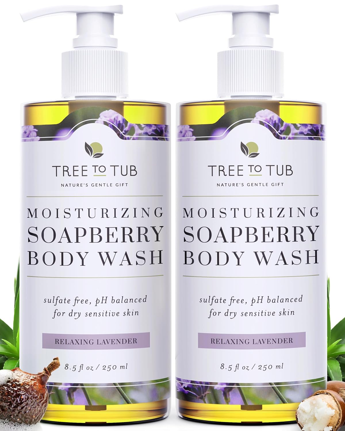 Tree To Tub Soapberry Body Wash for Dry, Sensitive Skin, pH 5.5, 8.5 Fl Oz | Sulfate & Paraben-Free, Rich Lather, Fragrance-Free, Shea Butter & Aloe Vera, Vegan & Cruelty-Free, Gentle for Daily Use