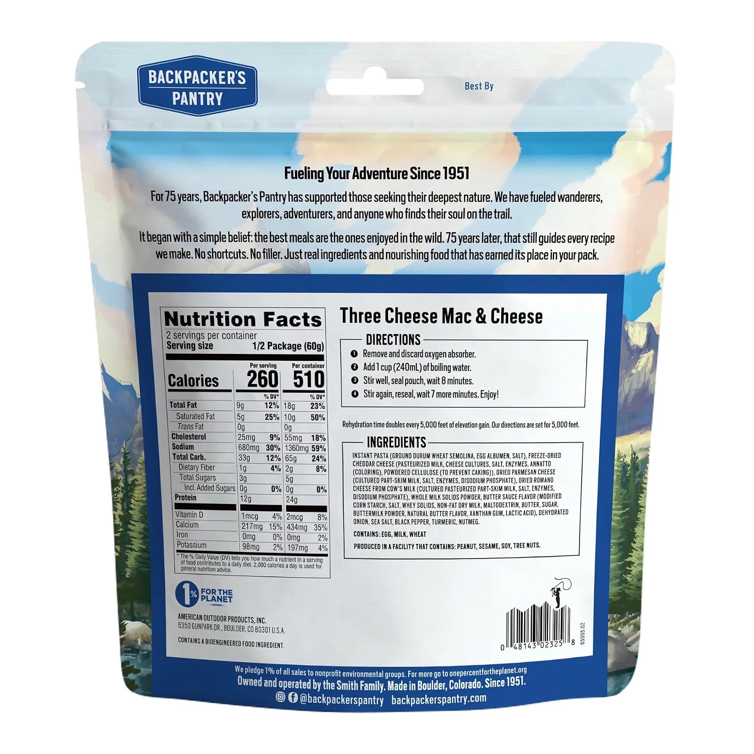 Backpacker's Pantry Lasagna | 1-Pack | 29g Protein | 620 Cal | Vegetarian, Nut Free | Made in the USA | Freeze Dried Meal & Camping Food