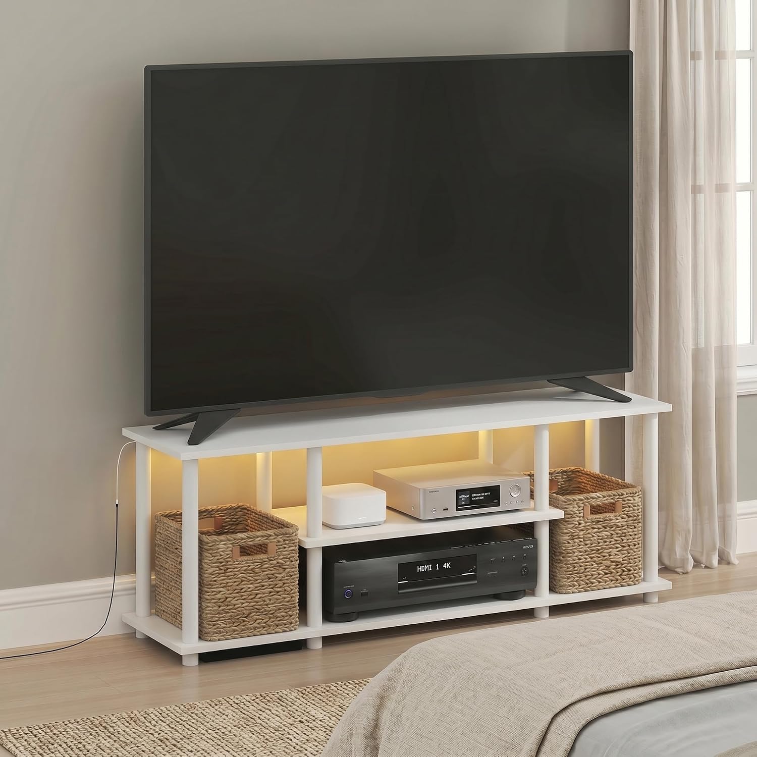 Furinno Turn-N-Tube No Tools 3D 3-Tier Entertainment TV Stand up to 50 inch TV, Round Tubes, French Oak Grey/Black | for TV up to 50 Inch, Open Frame Rectangular Entertainment Center with Storage Shelf, TV Console, for Living Room, Bedroom