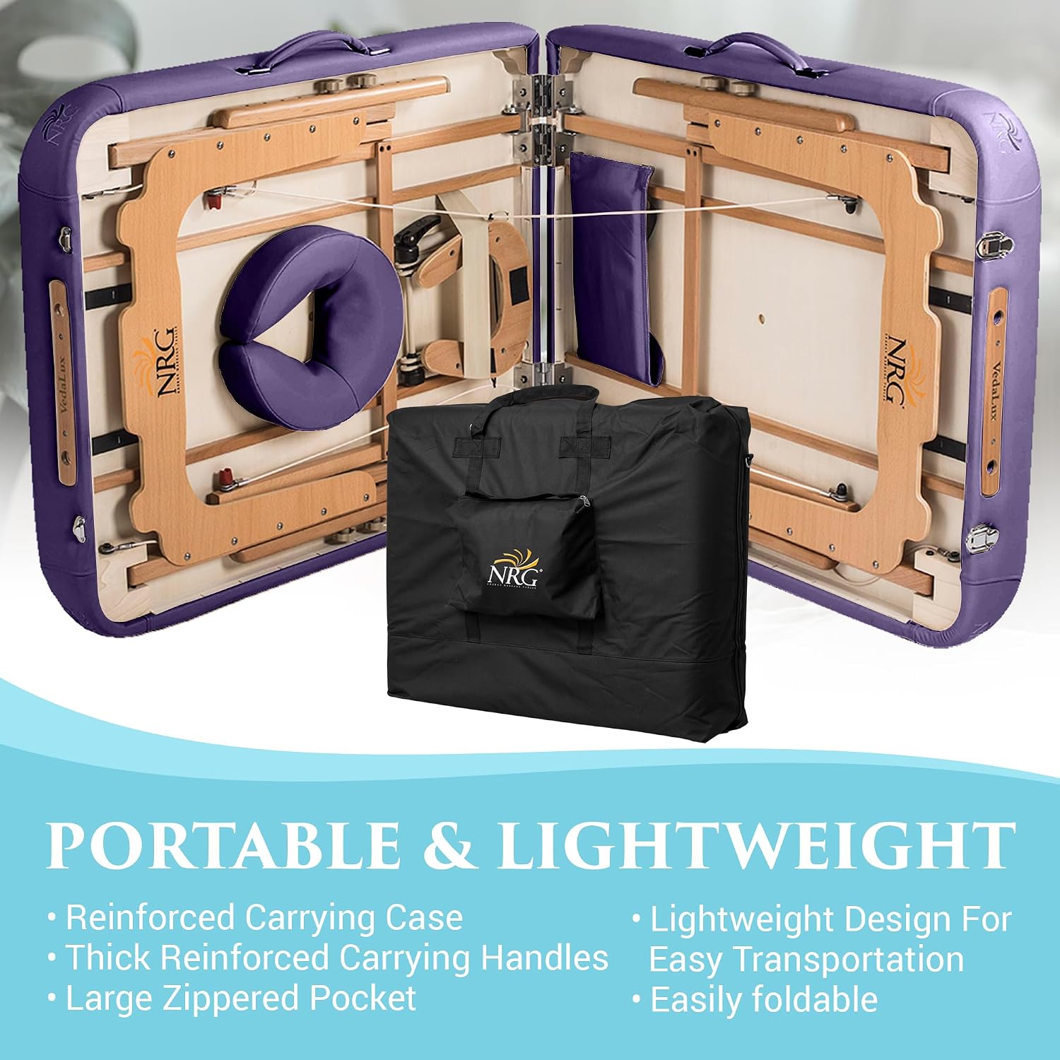NRG Vedalux Portable Massage Table Package | Burgundy | Folding Lightweight Massage Bed | Professional Spa Table with Face Cradle, Hanging Armrest & Carrying Case