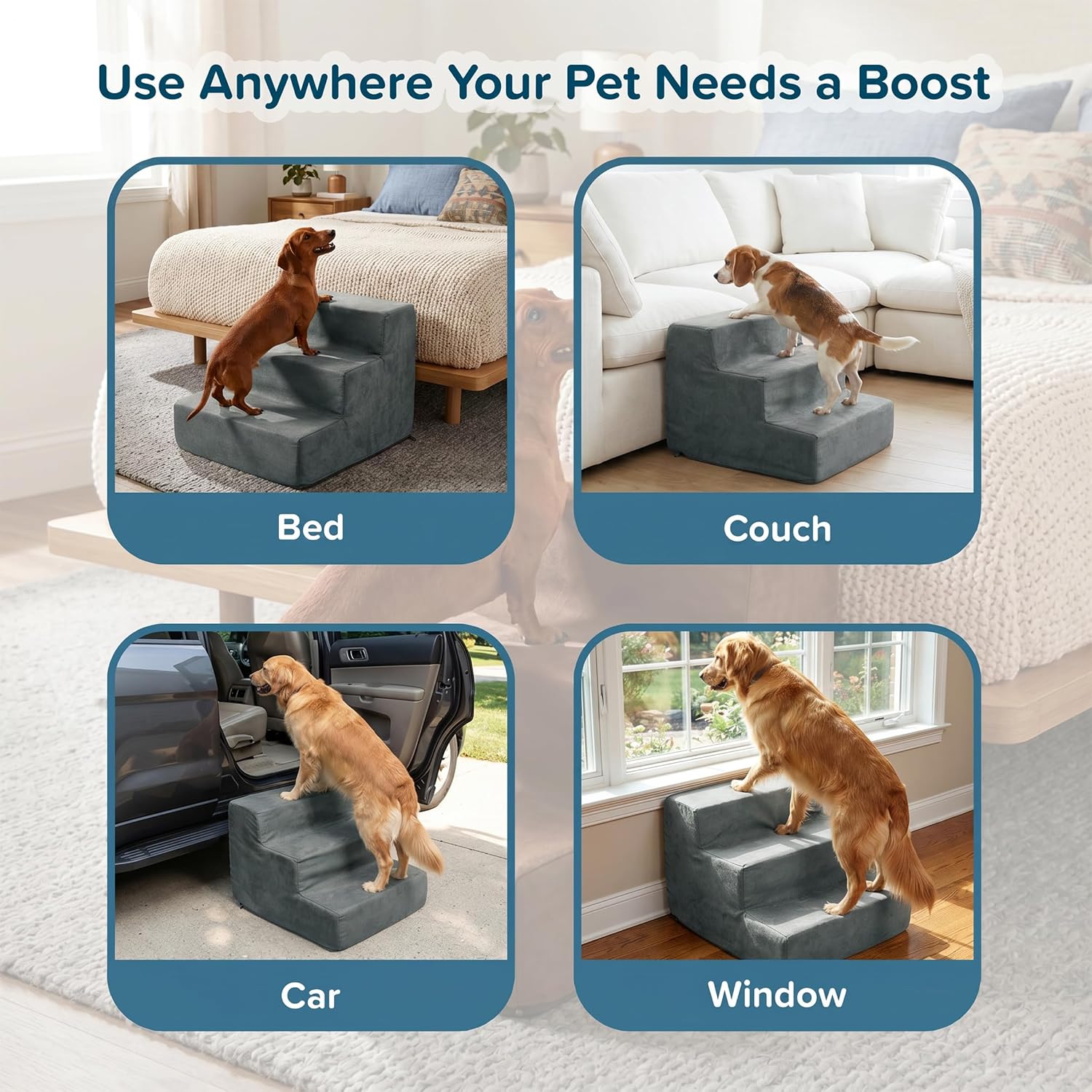3-Step Pet Stairs - Nonslip Foam Dog and Cat Steps with Removable Zippered Microfiber Cover - 2-Tone Design for Home or Vehicle Use by PETMAKER (Tan) | 3-Step Pet Steps for High Bed and Couch - Pet Stairs with Nonslip Bottom, High-Density Foam, and Remov…