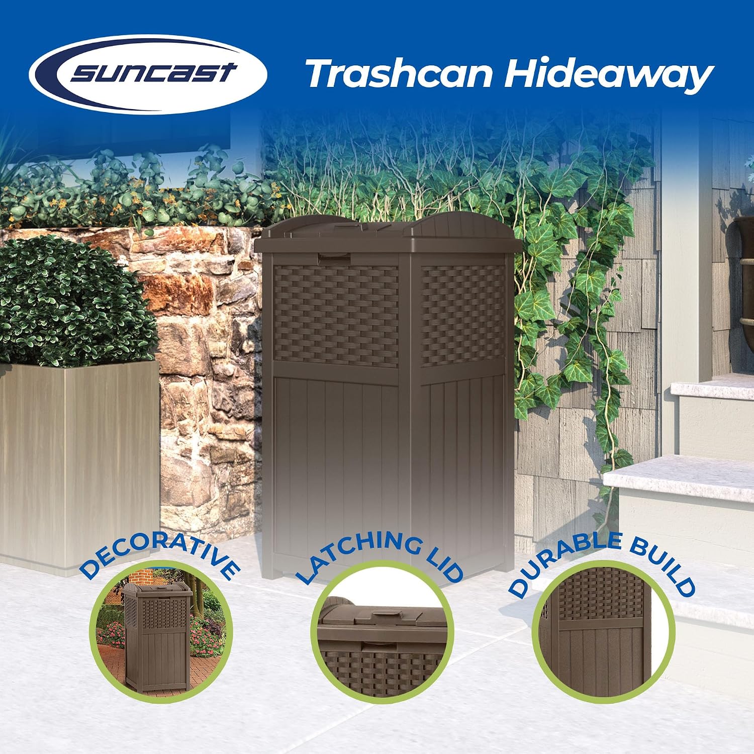Suncast 2 Pack 33 Gallon Commercial Outdoor Trashcan Hideaway with Lid for 30 to 33 Gallon Trash Bags for Garage, Backyard, or Garden, Brown
