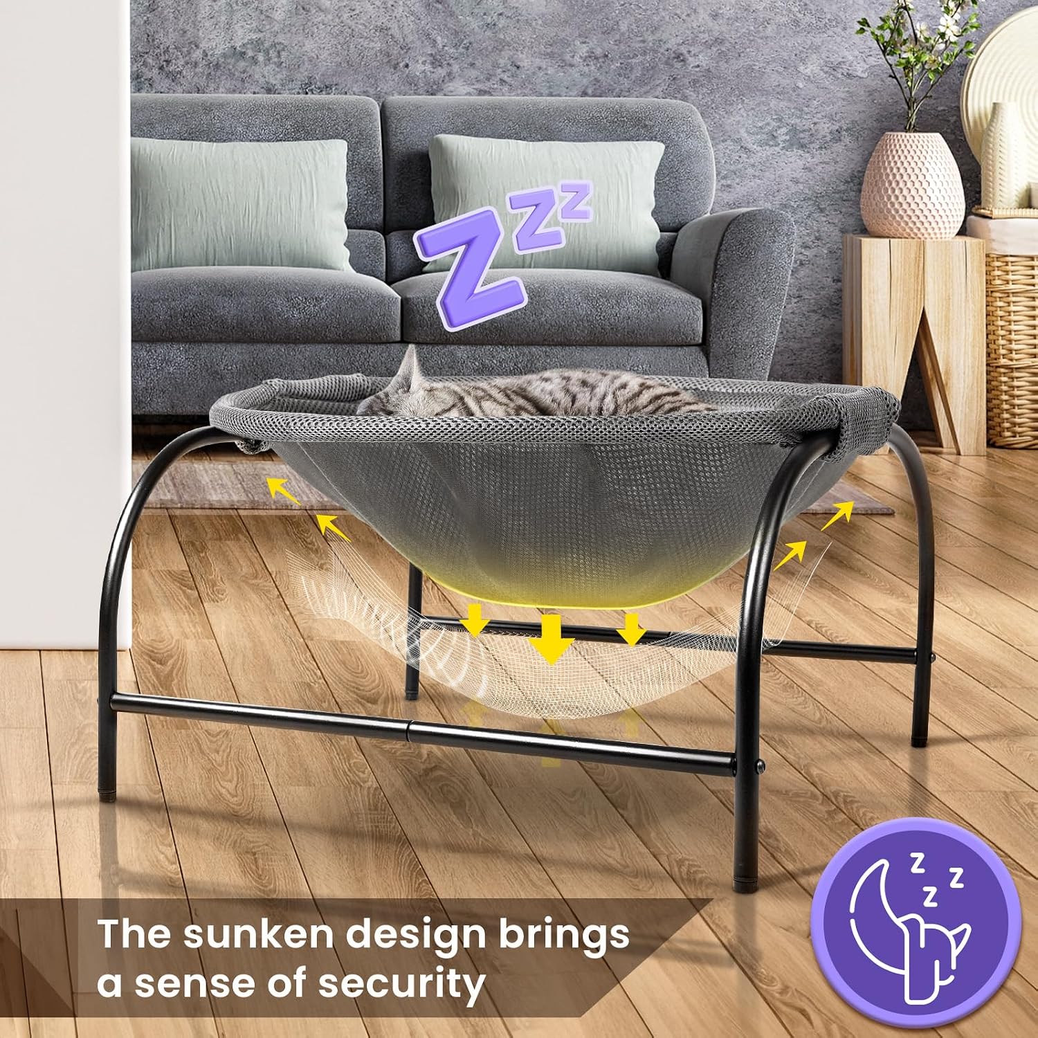 JUNSPOW Cat Bed Sleeping Cat Hammock, 16.9in x 16.9in x 9.5in, Grey