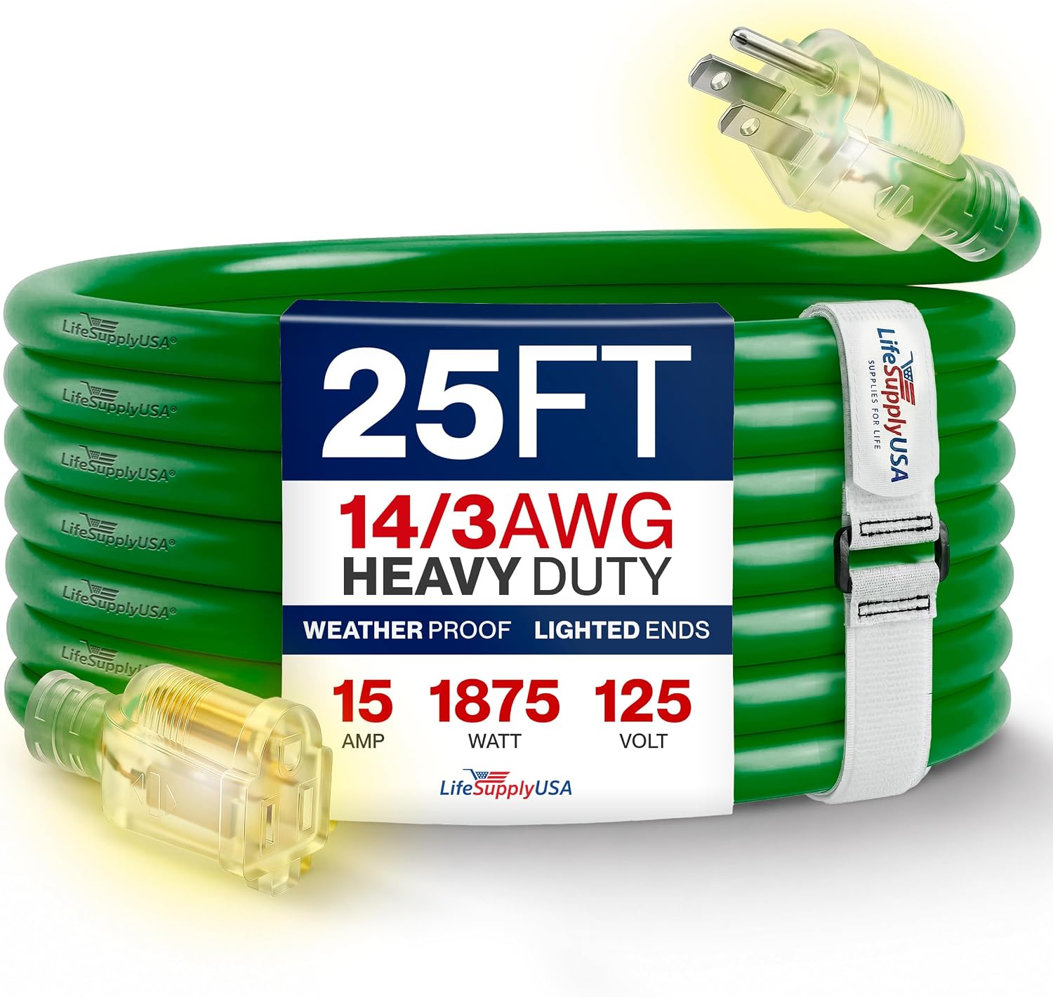 25ft Outdoor/Indoor Extension Cord 12/3 Gauge Extra Heavy Duty 3 Prong SJTW, Waterproof, Flexible Cold-Resistant Long Power Cord,15A 125V 1875W, Yellow by LifeSupplyUSA