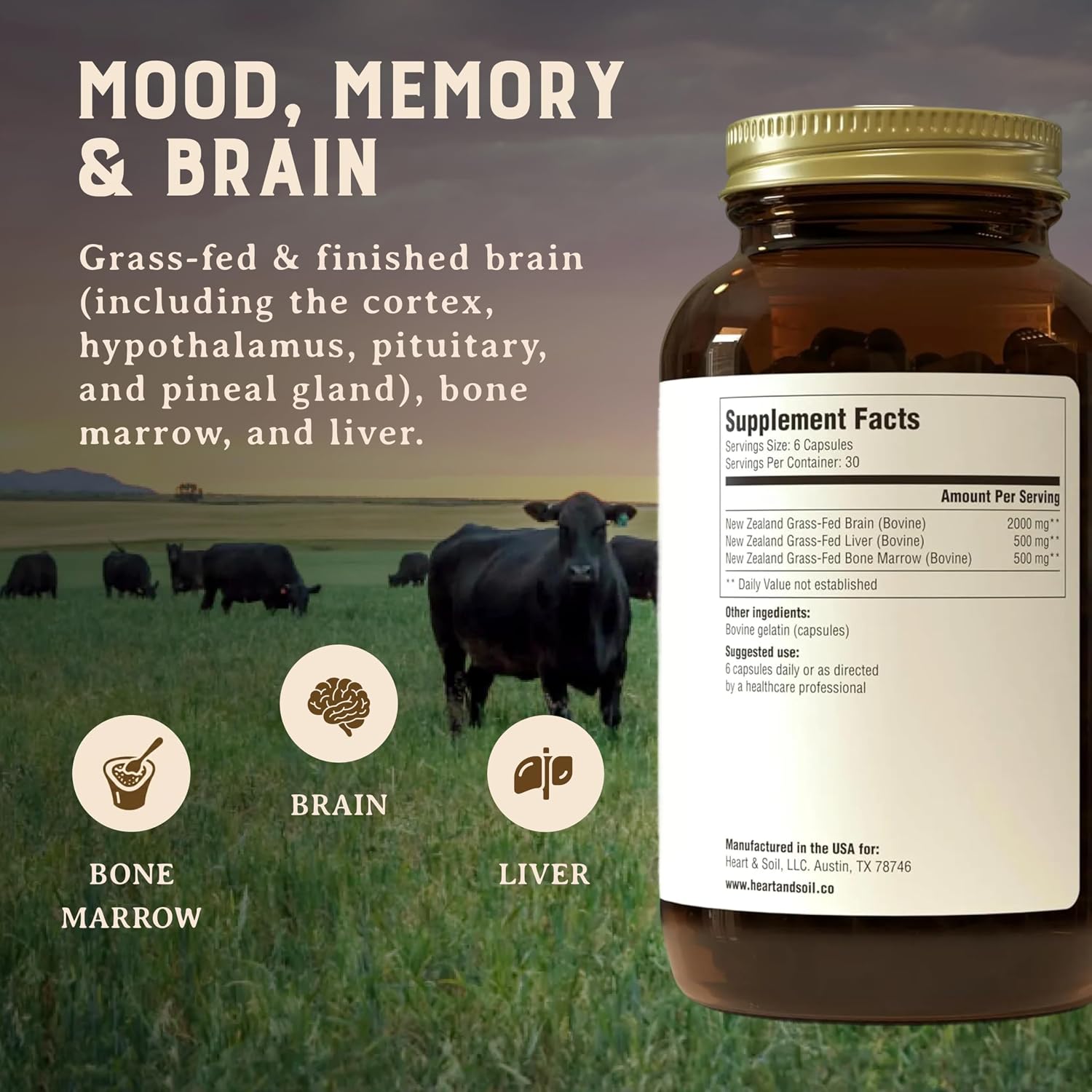 HEART & SOIL Beef Brain Supplement, 180 Capsules