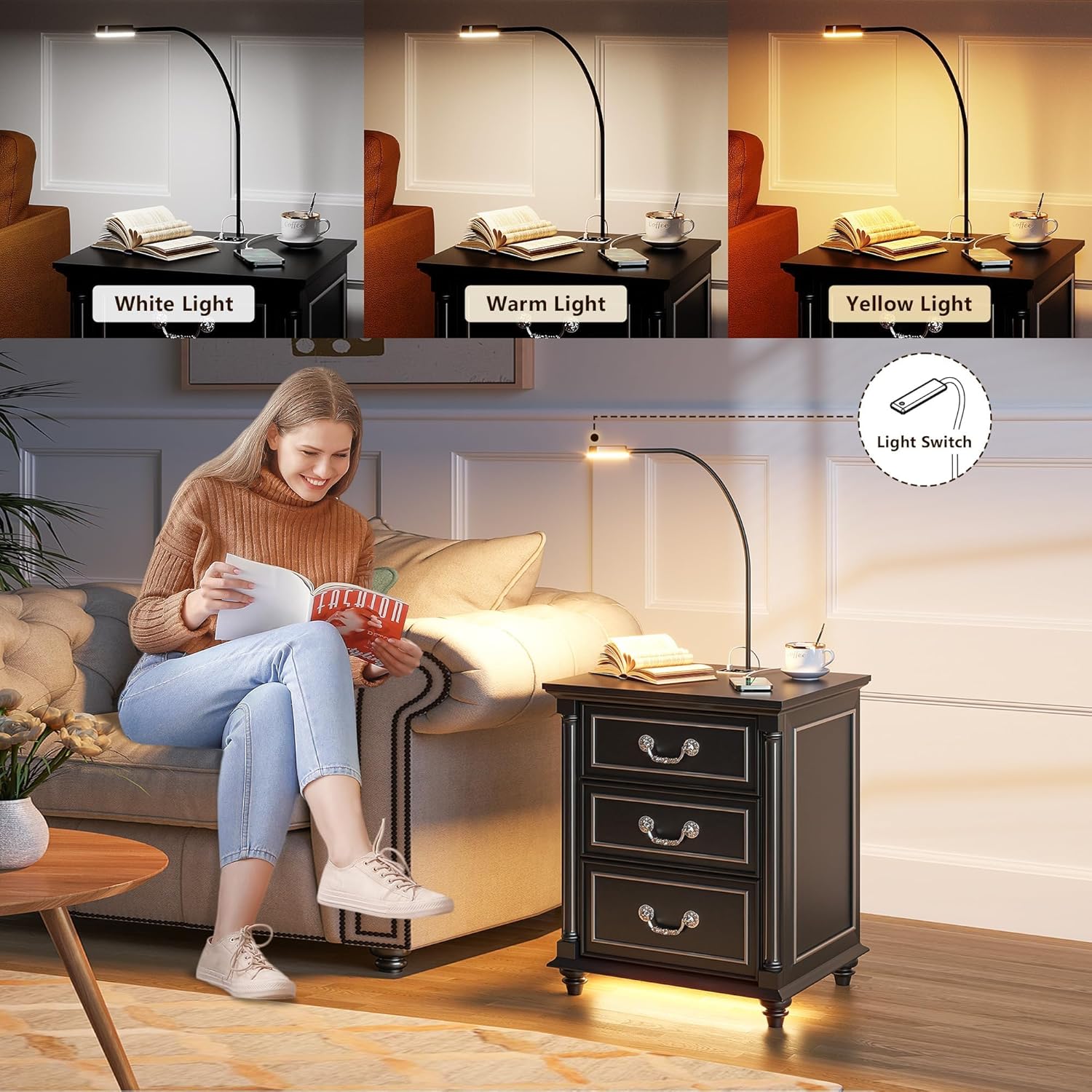 Dystler Nightstand with Gun Drawer and Charging Station | Night Stand with LED Light