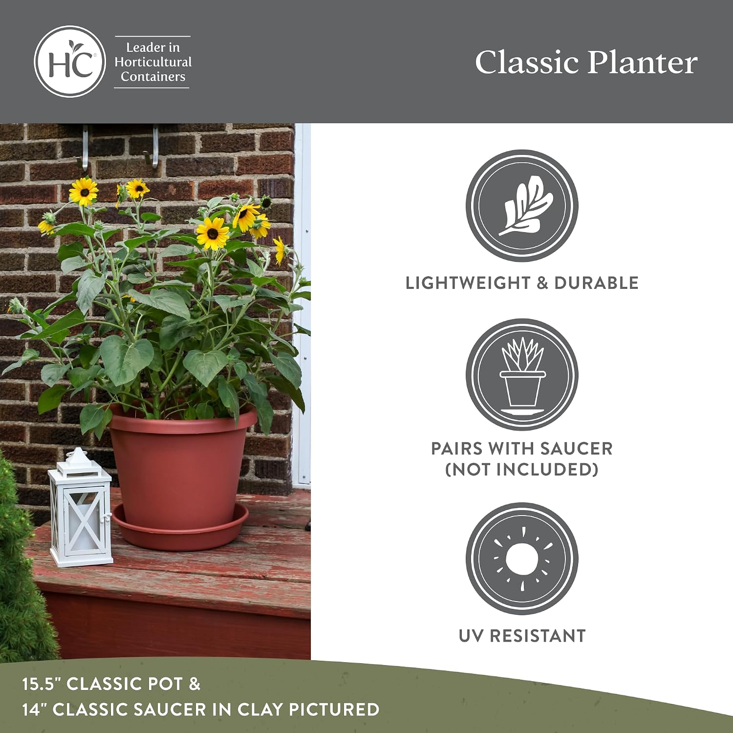 The HC Companies Classic Round Plastic Plant Pot w/Rolled Rim - Lightweight & UV Resistant Flower Pot for Herbs & More - Outdoor & Indoor Plant Pots w/Drainage (15.5 inch Warm Gray, Pack of 1)