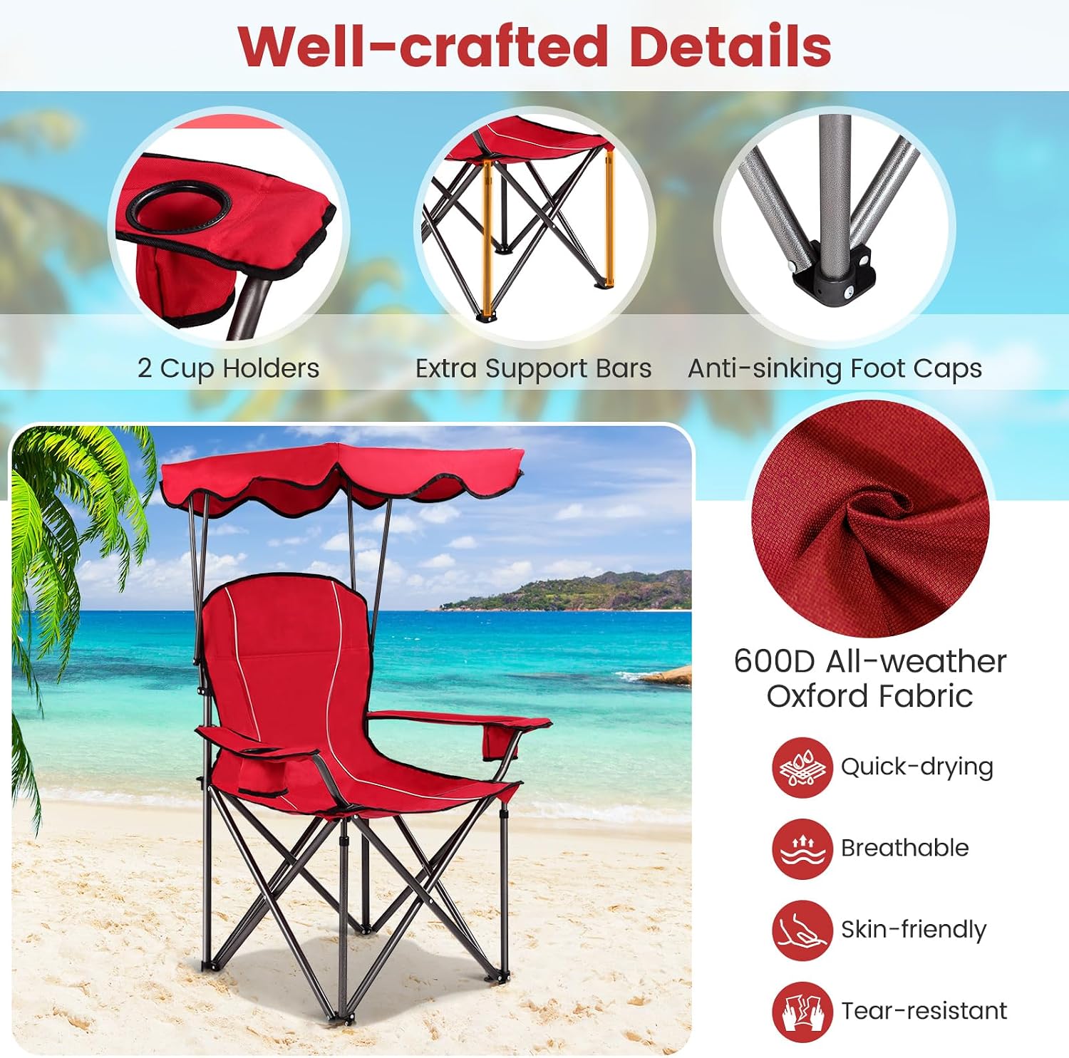 Goplus Camping Chair with Canopy Shade, Folding Lawn Chair with Umbrella Cup Holder & Carry Bag, Portable Sunshade Chair for Adults for Beach Outdoor Travel Hiking Fishing (Red)