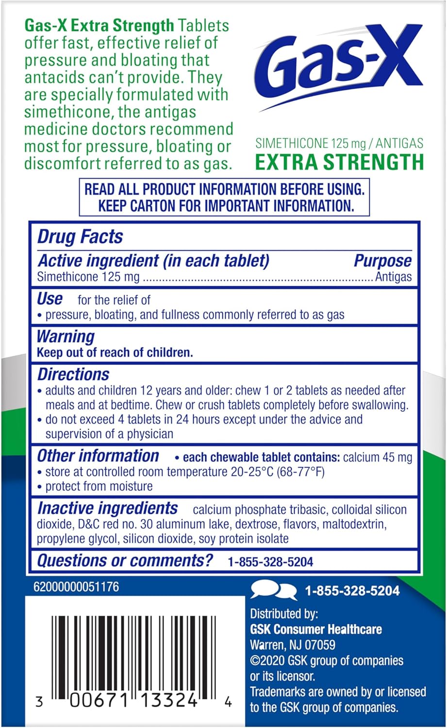 Gas-X Extra Strength Chewable Tablets, Gas Relief, Cherry, 72 Count | Simethicone 125mg Extra Strength Chewable Tablets, Fast Gas and Bloating Relief