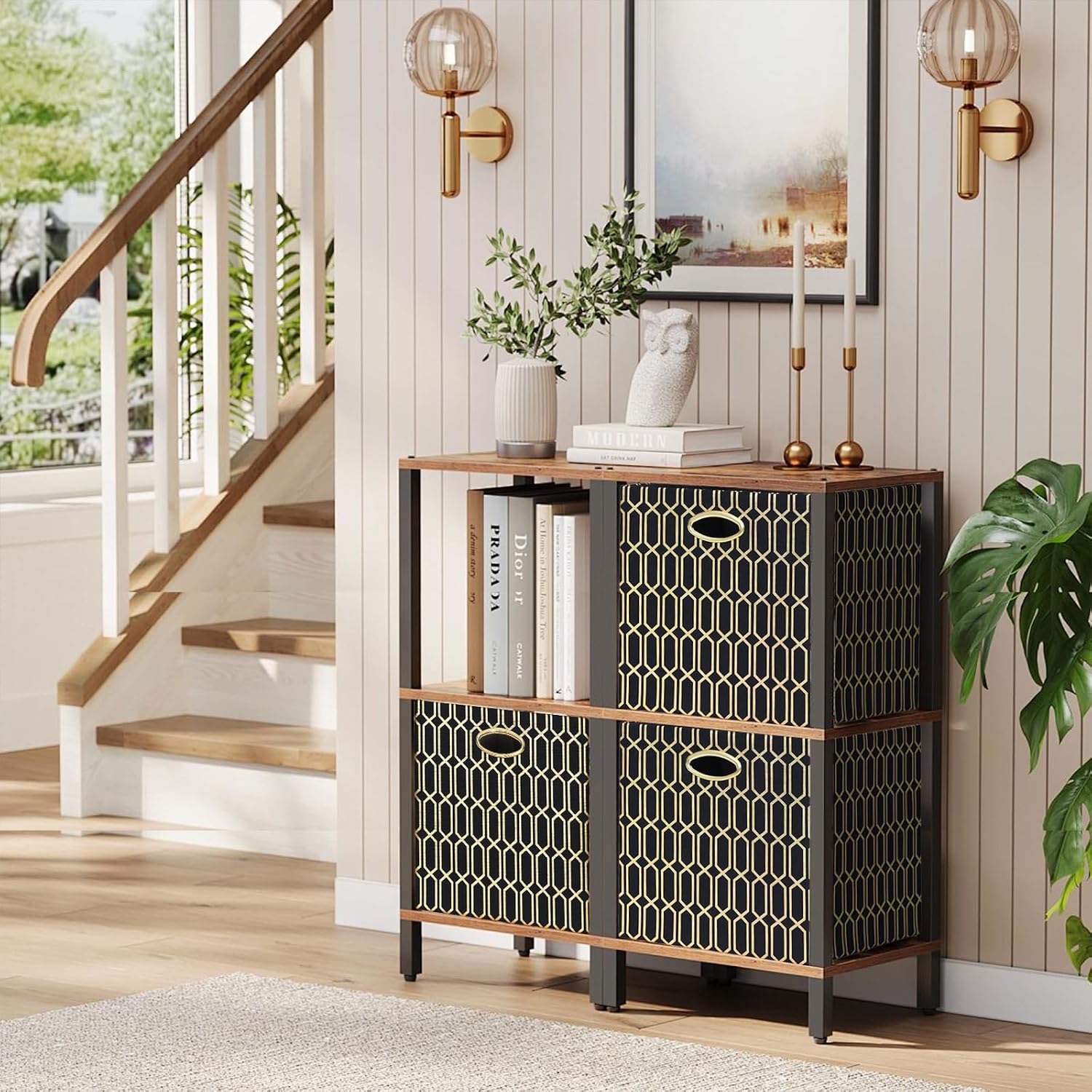 Posprica Storage Bins, Storage Cubes,13×13 Fabric Drawers Organizer Basket Boxes Containers (13×13×13/4pcs, Cream/gold geometry Pattern)
