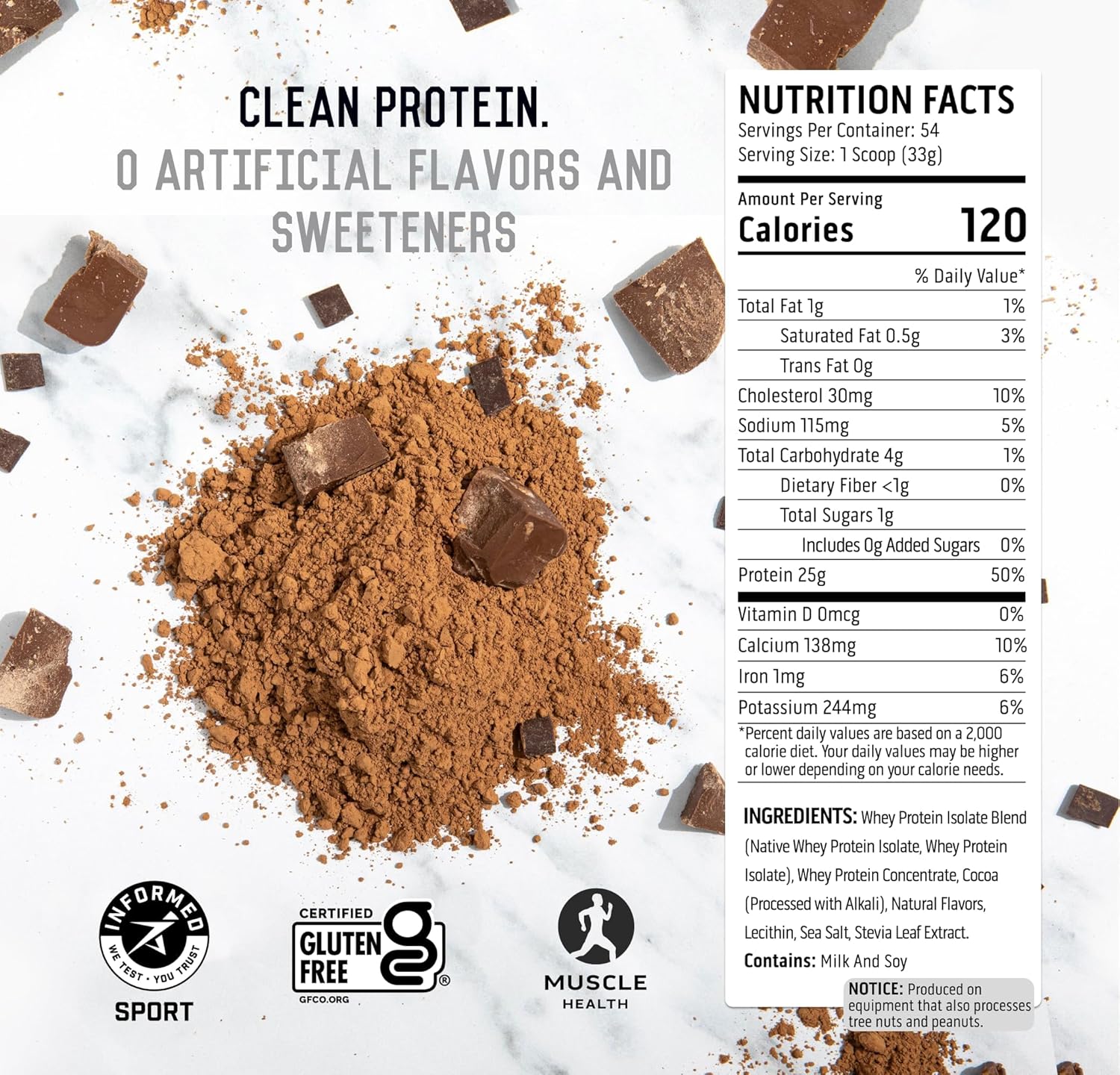 Ascent 100% Whey Protein Powder - Post Workout Whey Protein Isolate, Zero Artificial Flavors & Sweeteners, Gluten Free, 5.5g BCAA, 2.6g Leucine, Unflavored 2 lb