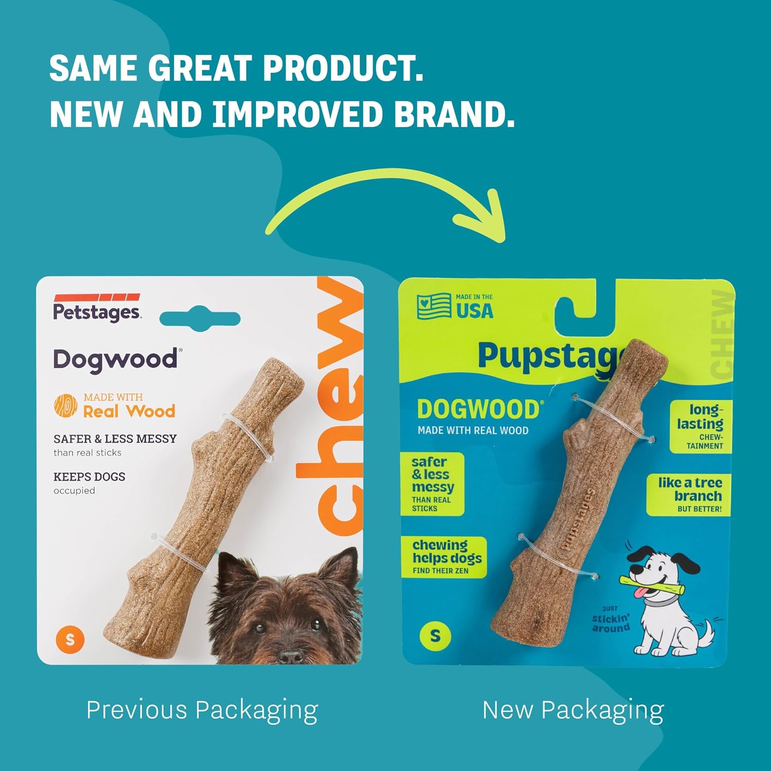 Pupstages Dogwood Dog Chew Toy, Made in the USA – Real-Wood Blend, Natural Flavor & Texture, Moderate Chewers, Small, 5.4"