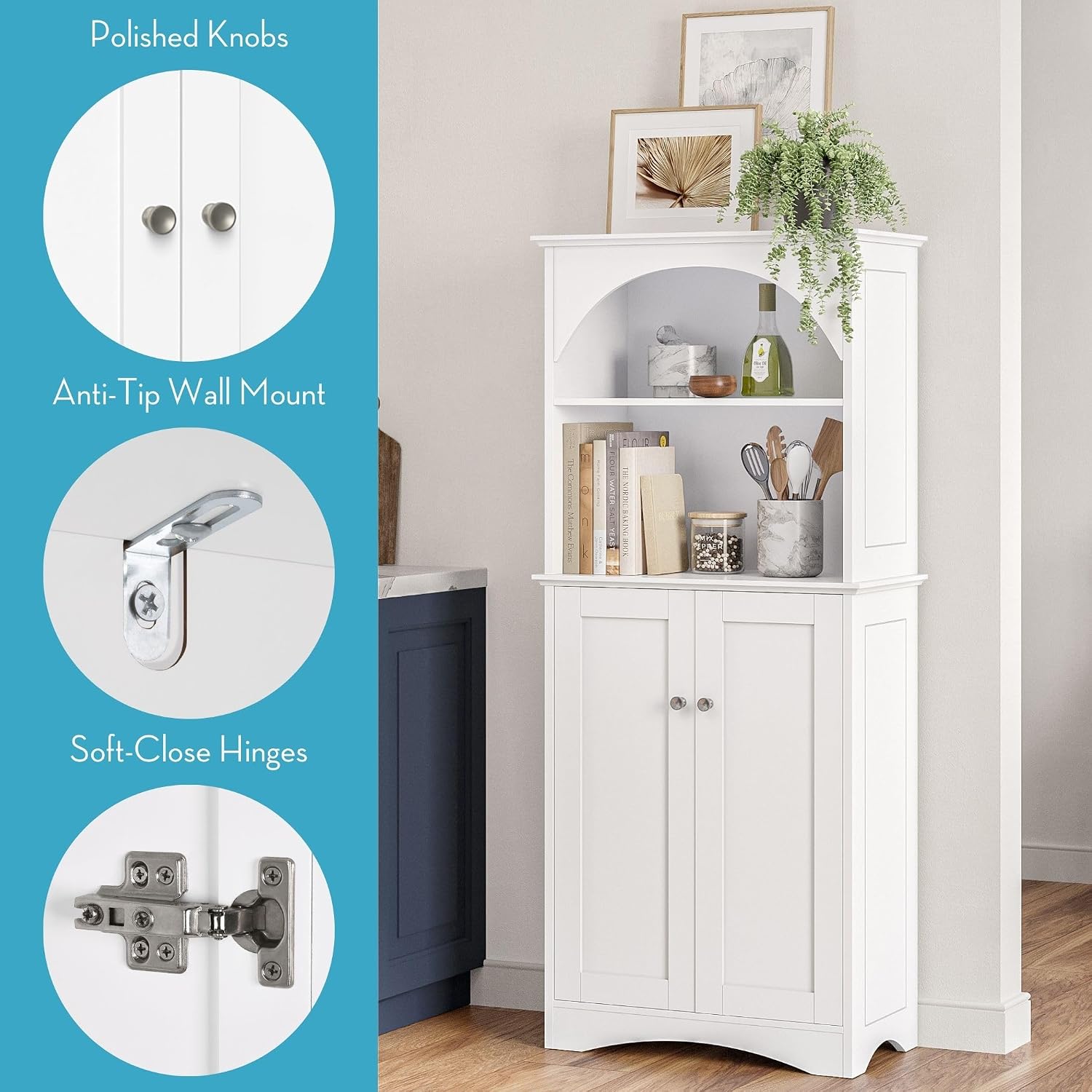 RiverRidge Kitchen Tall 2-Door Sideboard Buffet Storage Cabinet, White | Soft Close Hinges, Adjustable Shelves, Versatile Arched Design