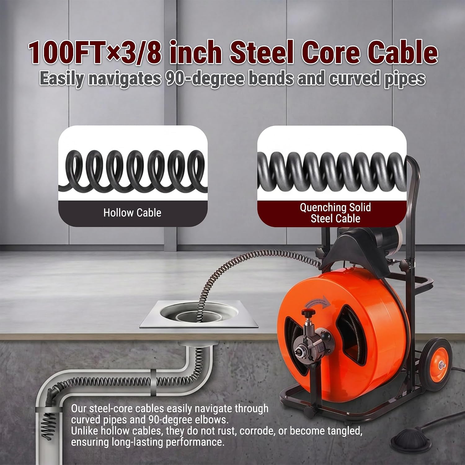 HoldwellS 50FT x 5/16 Inch Drain Cleaner Machine, Electric Drain Auger for 3/4"-3" Pipes, Sewer Snake Auger with 4 Cutters & Pneumatic Foot Switch