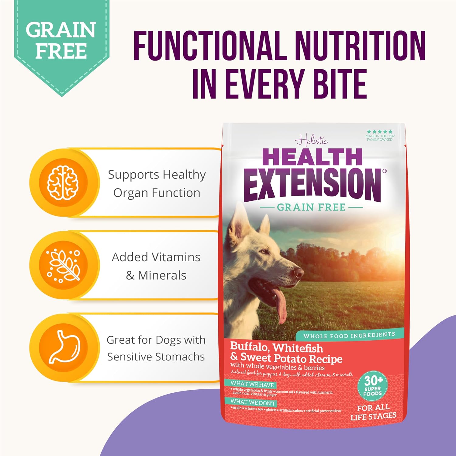 Health Extension Grain Free Venison & Sweet Potato Dry Dog Food - 30+ Superfoods and Probiotics for All Life Stages (10 lb)