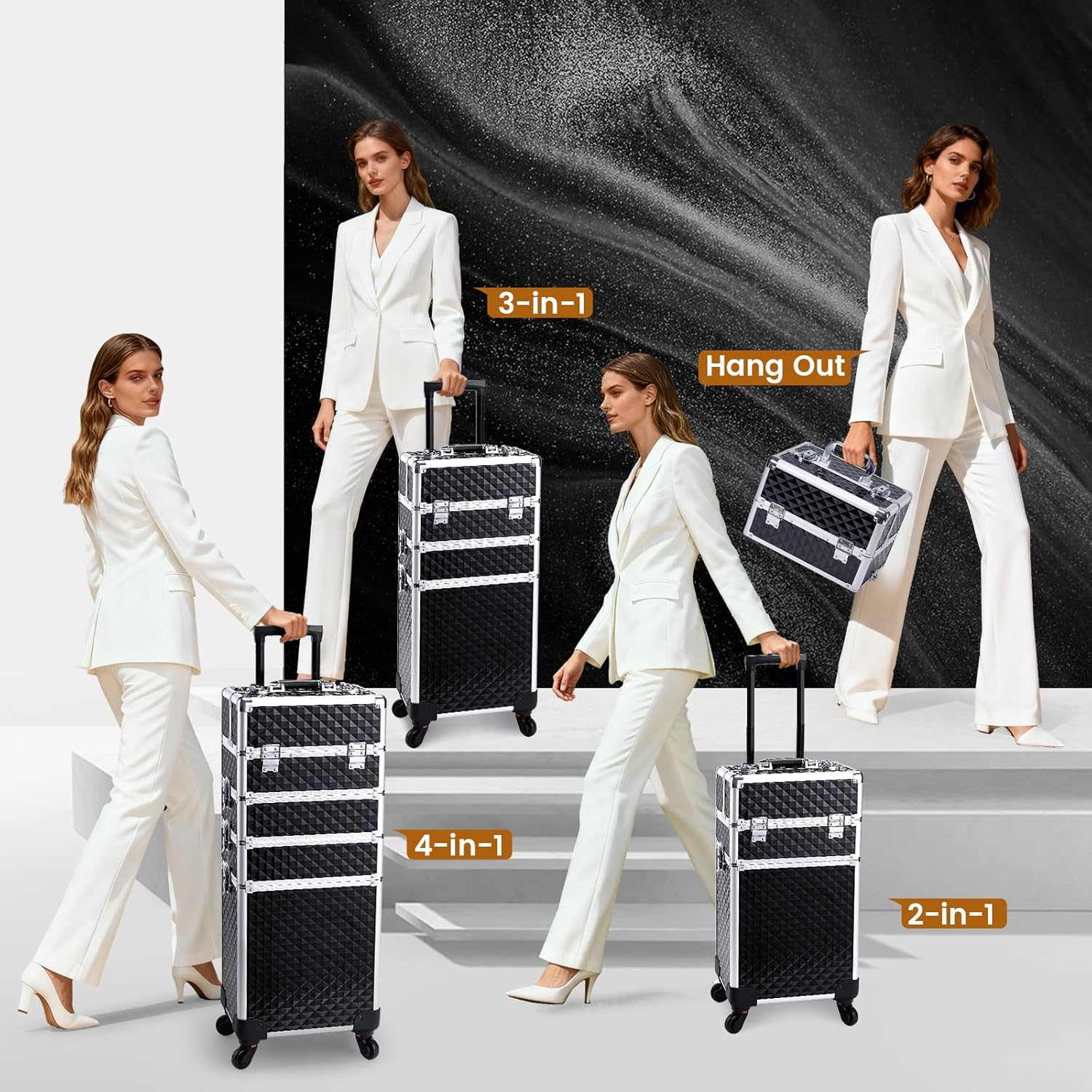 Stagiant Rolling Makeup Case Cosmetology Case on Wheels 4 in 1 Large Cosmetic Organizer Train Case Makeup Travel Case with Key Swivel Wheels Nail