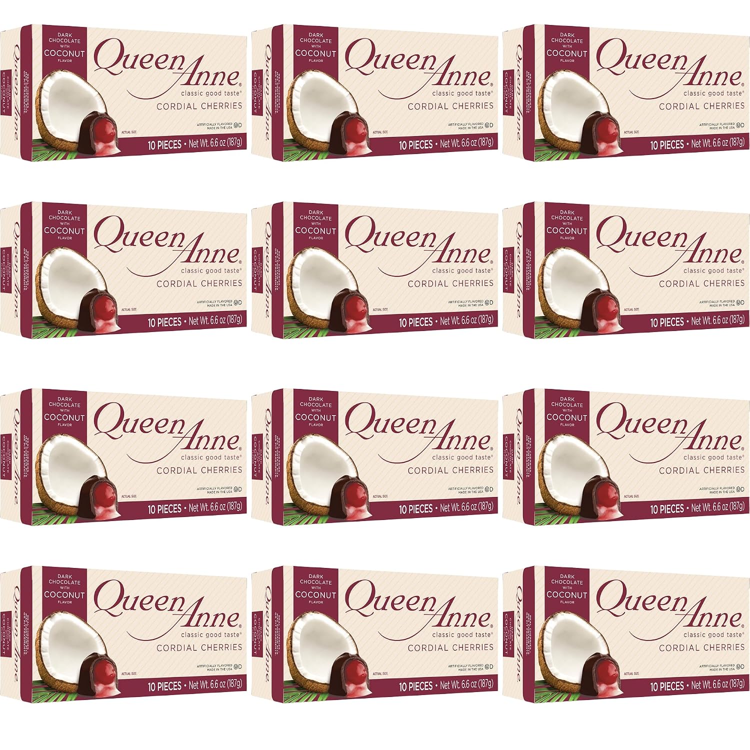 Queen Anne French Vanilla Chocolate Covered Cordial Cherries | 6.6 oz | 10 Piece Gift Boxes | Whole Maraschino Cherry Creamy Filled Liquid Center | Holiday Party Chocolate Candy
