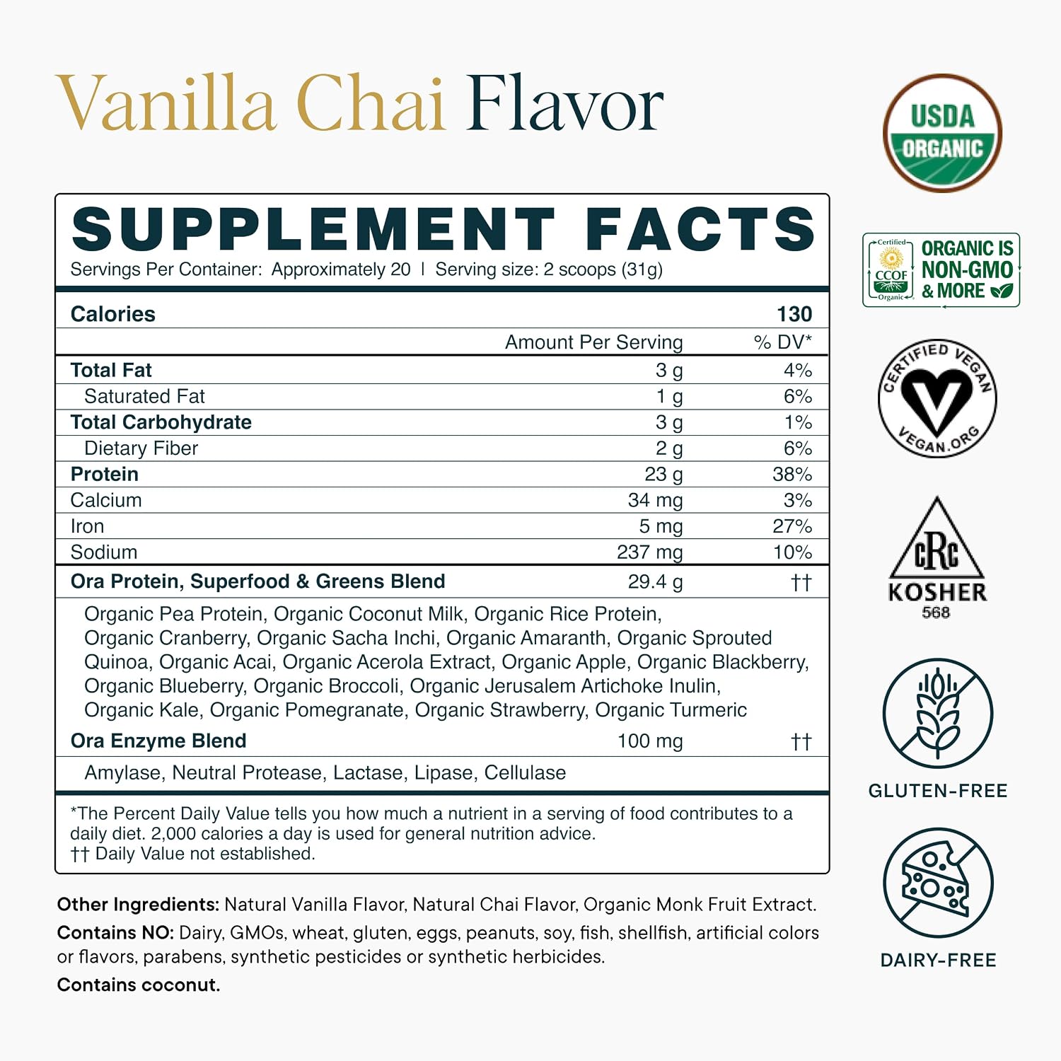 Ora Organic Plant-Based Protein Powder - 23g Protein for Women and Men - Vanilla Flavor 20 Servings, Vegan, Clean Protein, Third-Party Tested, Gluten-Free - 20 Servings