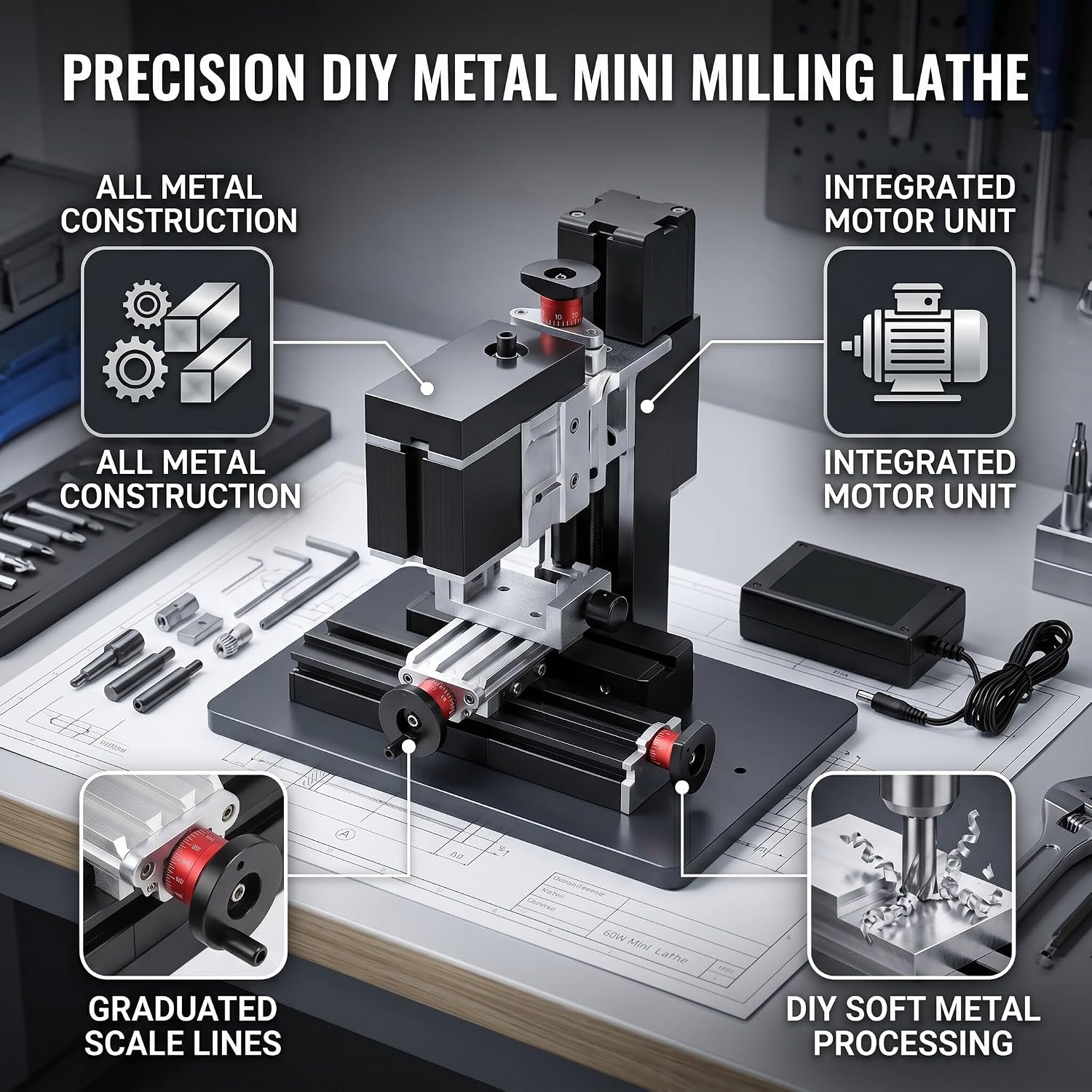 60W Mini Milling Machine, 12000RPM DIY Soft Metal Processing Woodworking Lathe, Multifunction Worktable Power Miller, 12VDC, 310x190x280mm