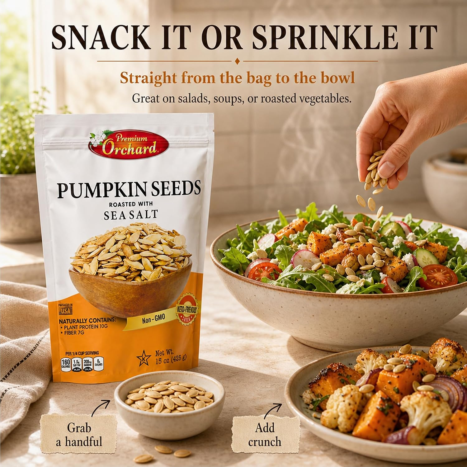 ROASTED PUMPKIN SEEDS to Eat in Shell by Premium Orchards MIXED NUTS - Salted with Sea Salt - Non-GMO Vegan Fresh Healthy Snacks/ - Great source of Plant Protein, Zinc, Magnesium & Iron - 1 Bag