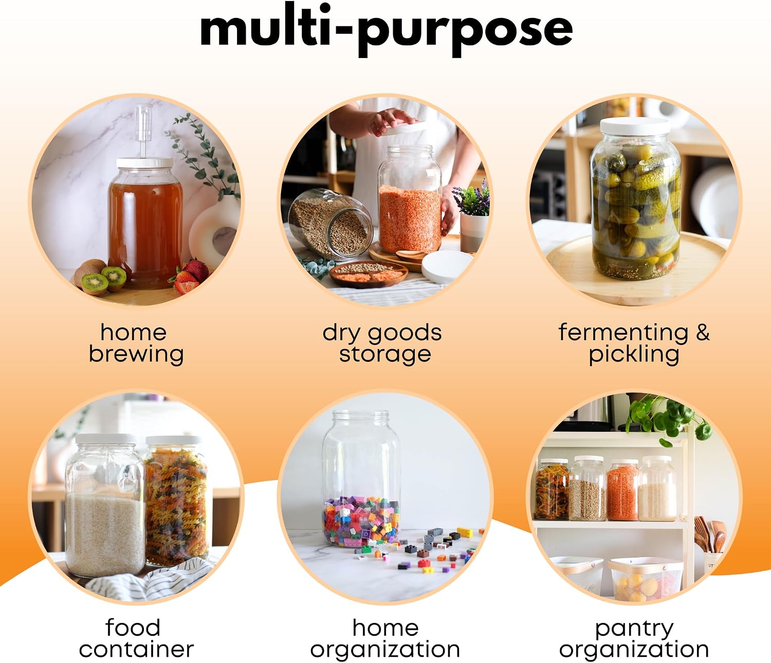 1 Gallon Glass Jar with Lid | Wide Mouth Container for Fermentation | Heavy-duty Large Glass Jar with Lid for kombucha, pickling and food storage | Glass Jars with Airtight Lid design
