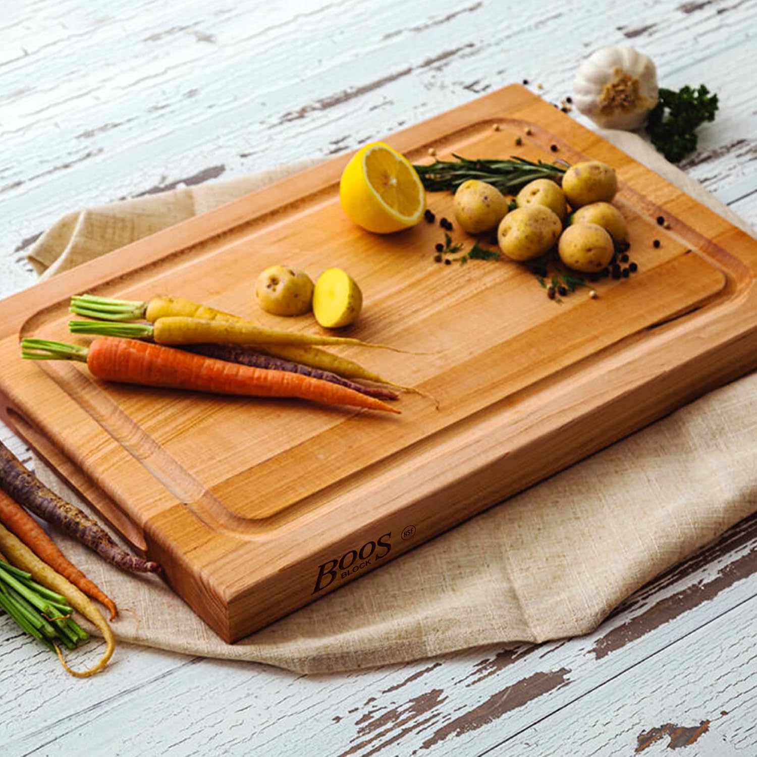 John Boos BBQ Series Rectangular Wooden Maple Cutting Board 18”x12” – 1.5” Thick, 8.5-lb Reversible Butcher Block with Juice Groove