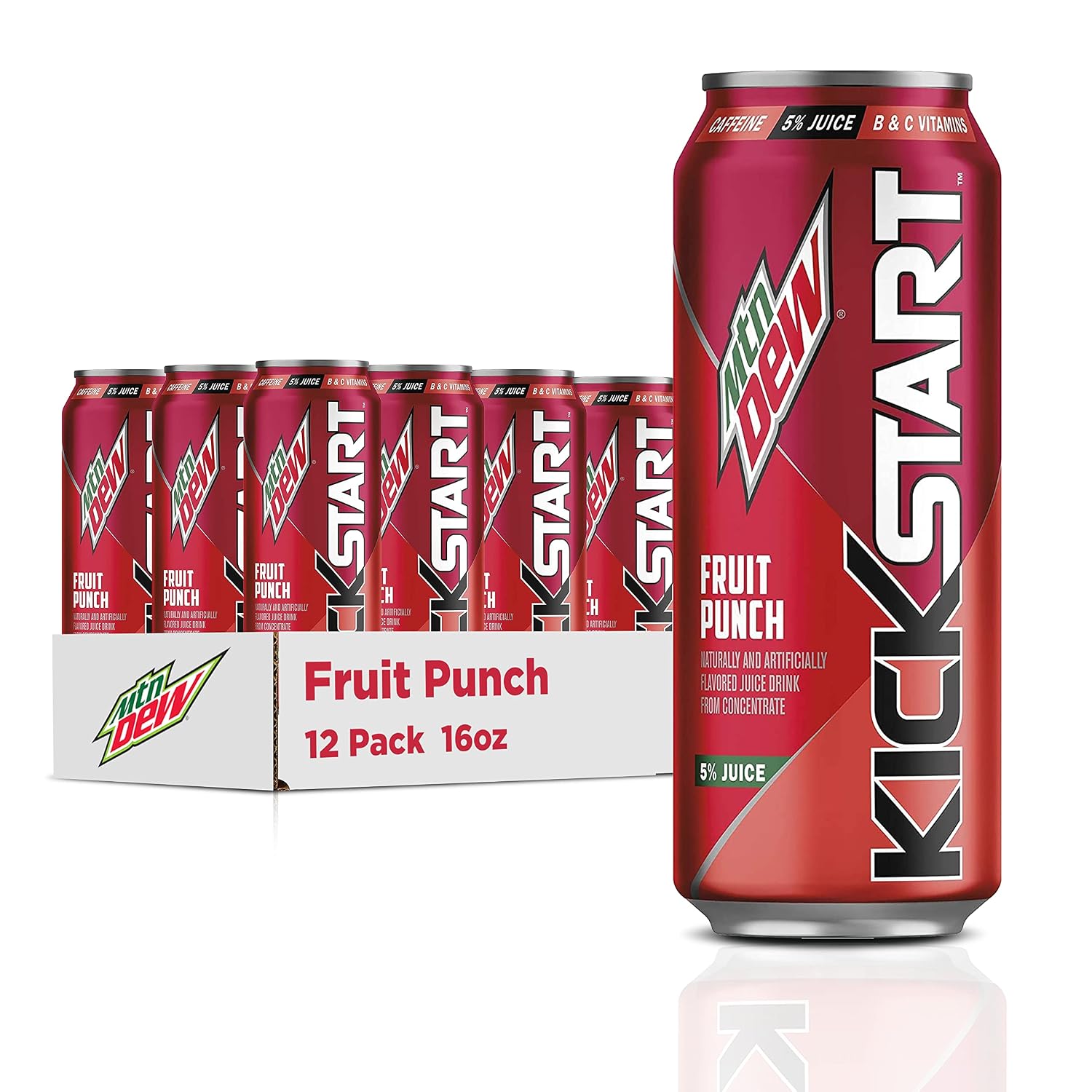 Mountain Dew Kickstart, Pineapple Orange Mango, 90mg Caffeine, Vitamins B & C, 80 Calories, 10% Juice, 16 fl oz (Pack of 12)