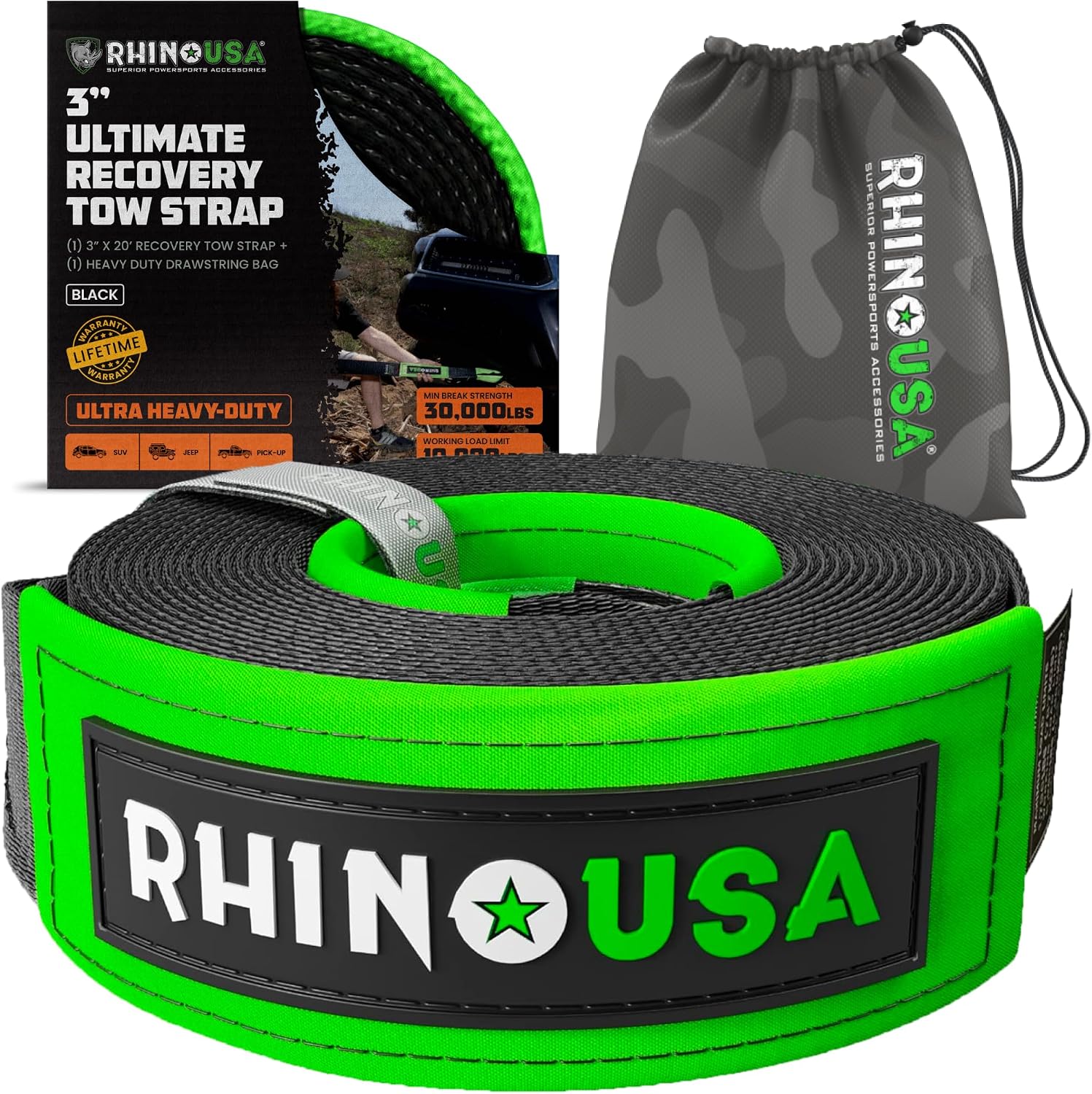 Rhino USA Recovery Tow Strap (3in x 30ft) - 31,518lb Heavy Duty Towing | 31,518lb Break Strength Emergency Tow Strap, Extended 30ft Length. For Truck, UTV, ATV & Jeep Offroad Recovery. Black