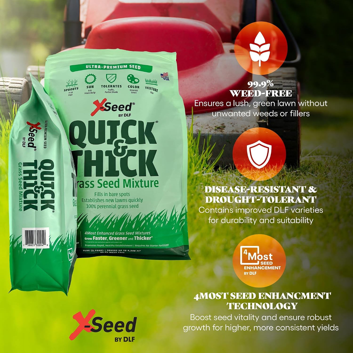 X-Seed Ultra Premium Quick and Thick Lawn Seed Mixture – Rapid Germination for Any Lawn, Dense Coverage in Sun to Shade, High-Traffic Areas, Fescue, Kentucky Blue, & Perennial Ryegrass Blend, 3lb Bag