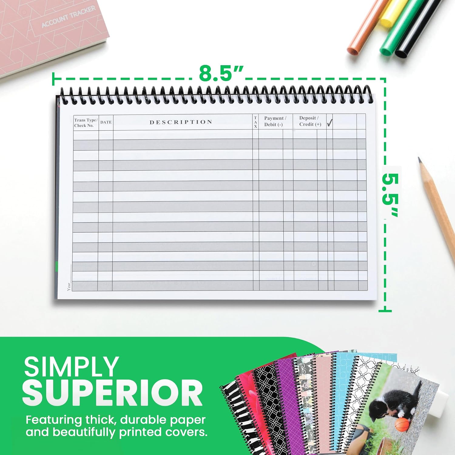 The Superior Register - Simple Account Tracker - Big Checkbook Register & Financial Ledger - Debit Card Register - Bank Register - 1 Pack, Teal, Wide Edition