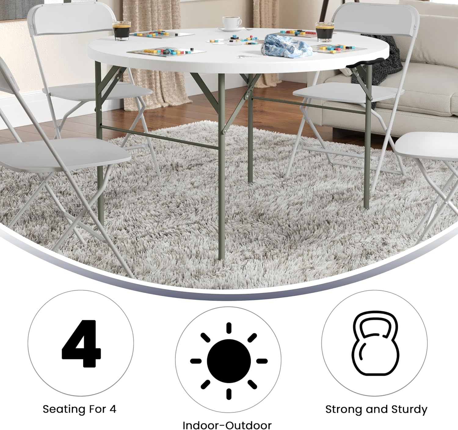 Flash Furniture 5-Foot Round Bi-Fold White Plastic Folding Table | Lightweight, Easy Storage, Commercial Grade, Carrying Handle
