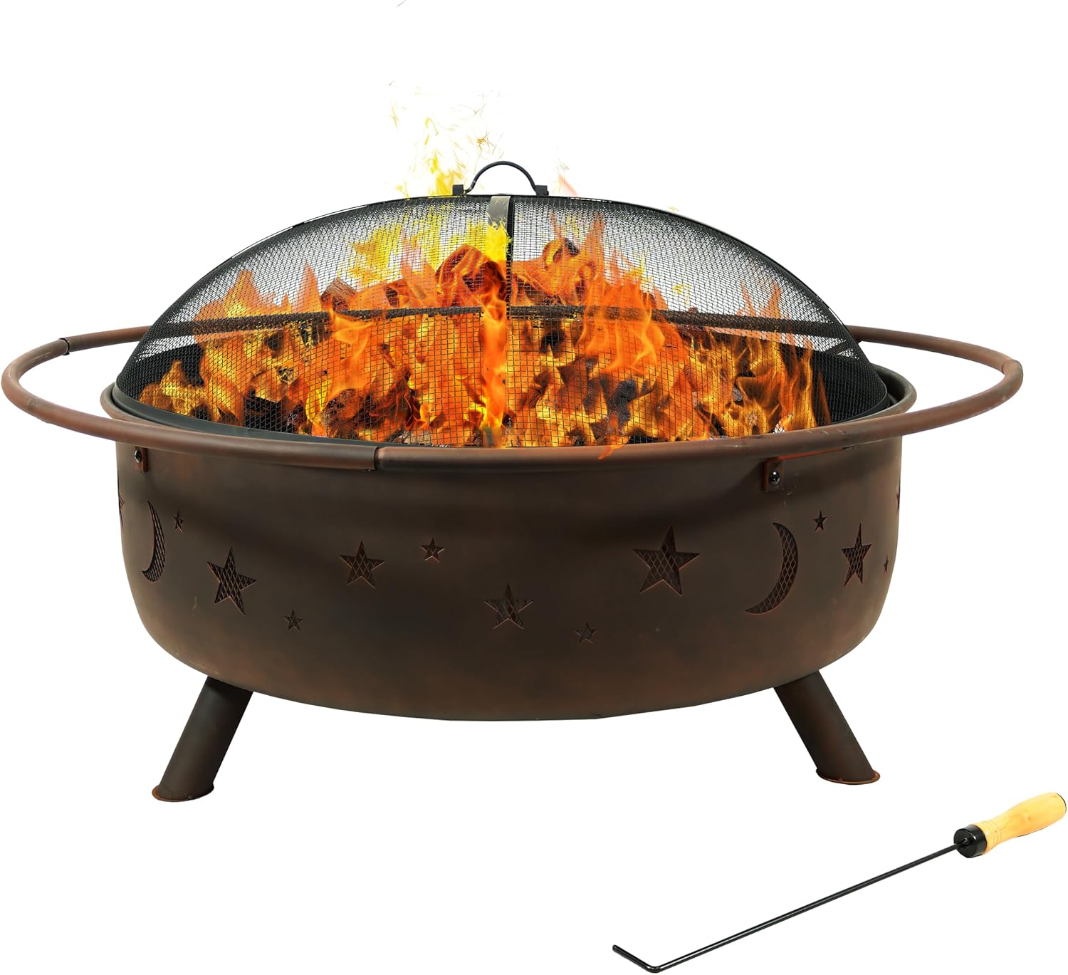 Sunnydaze Cosmic 42" Large Outdoor Fire Pit, Wood Burning, 34" Bowl Dia | Bronze, Heavy Duty Steel Metal, Includes Spark Screen, Wood Grate, & Poker, Round Backyard Firepit for Outside, Patio, Deck