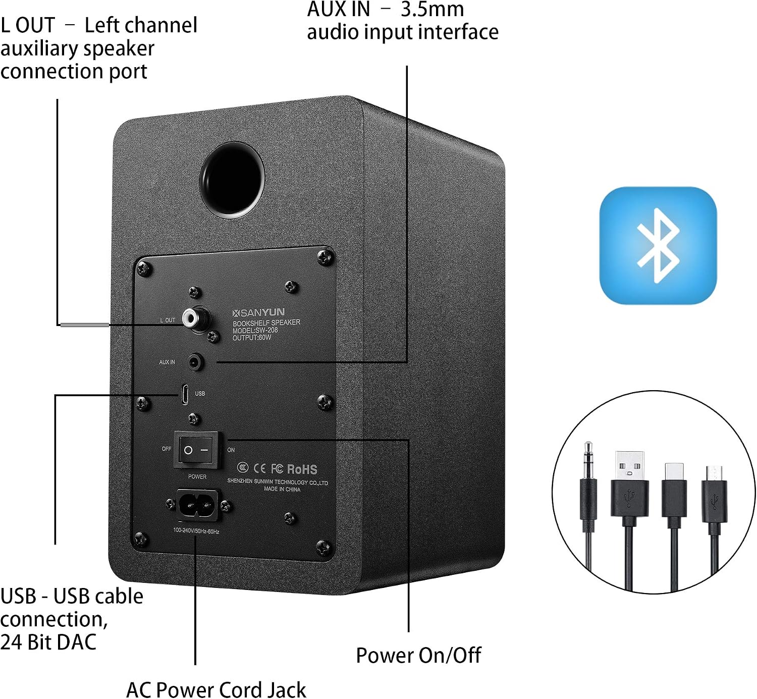 Sanyun SW208 3" Active Bluetooth 5.0 Bookshelf Speakers, Built-in 24bit DAC
