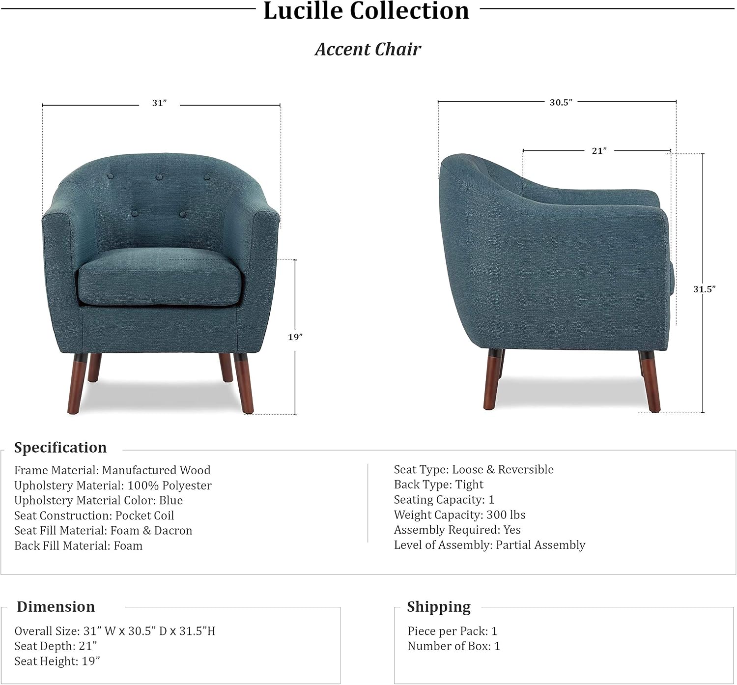 Homelegance Lucille Modern Accent Chair, Upholstered Reading Chair with Button-Tufted Back, Sloped Arms, Removable Seat Cushion Cover and Espresso Wood Legs, for Living Room, Bedroom or Office, Blue