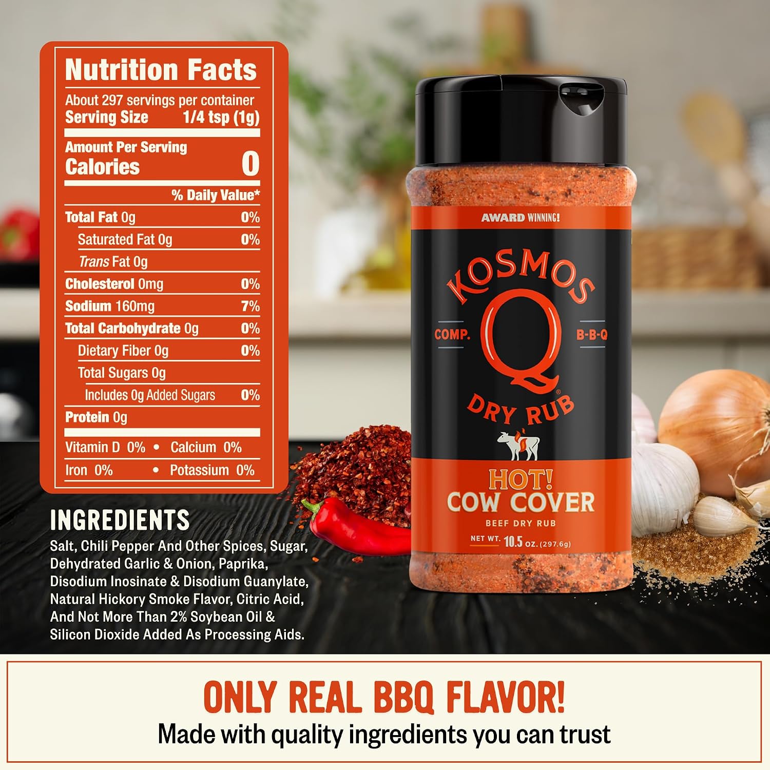 Kosmos Q Hot Dirty Bird BBQ Dry Rub, Spicy Seasoning with Chili Pepper, Brown Sugar, Garlic & Onion for Chicken, Turkey, Ribs, Pork, Dry Rub for Smoking & Grilling Meat, BBQ Spice Blend, 11 Oz Bag