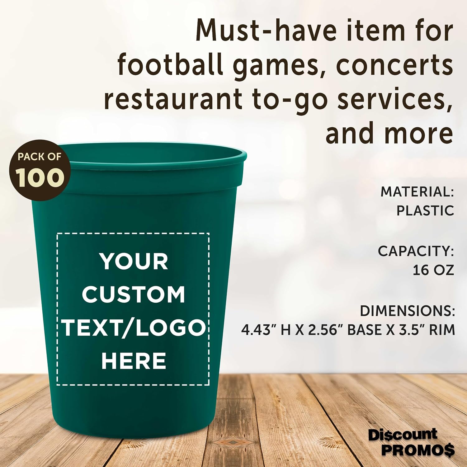 DISCOUNT PROMOS Custom Plastic Stadium Cups 16 oz. Set of 10/50/100, Personalized Bulk Pack - Perfect for Birthdays, Weddings, Picnic, Beach