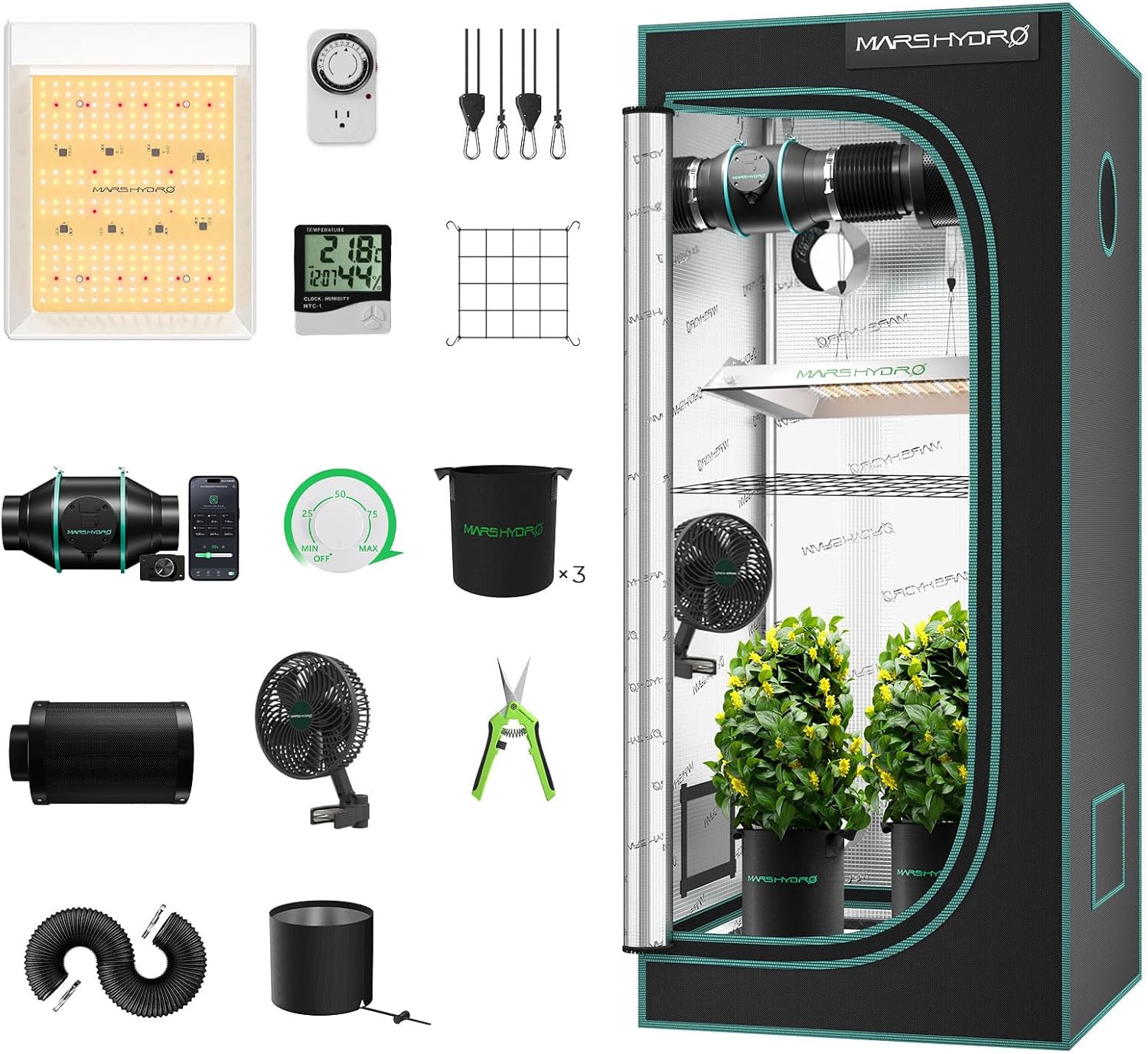 MARS HYDRO 2x2ft Grow Tent Kit with TS600 100W Full Spectrum LED Grow Light