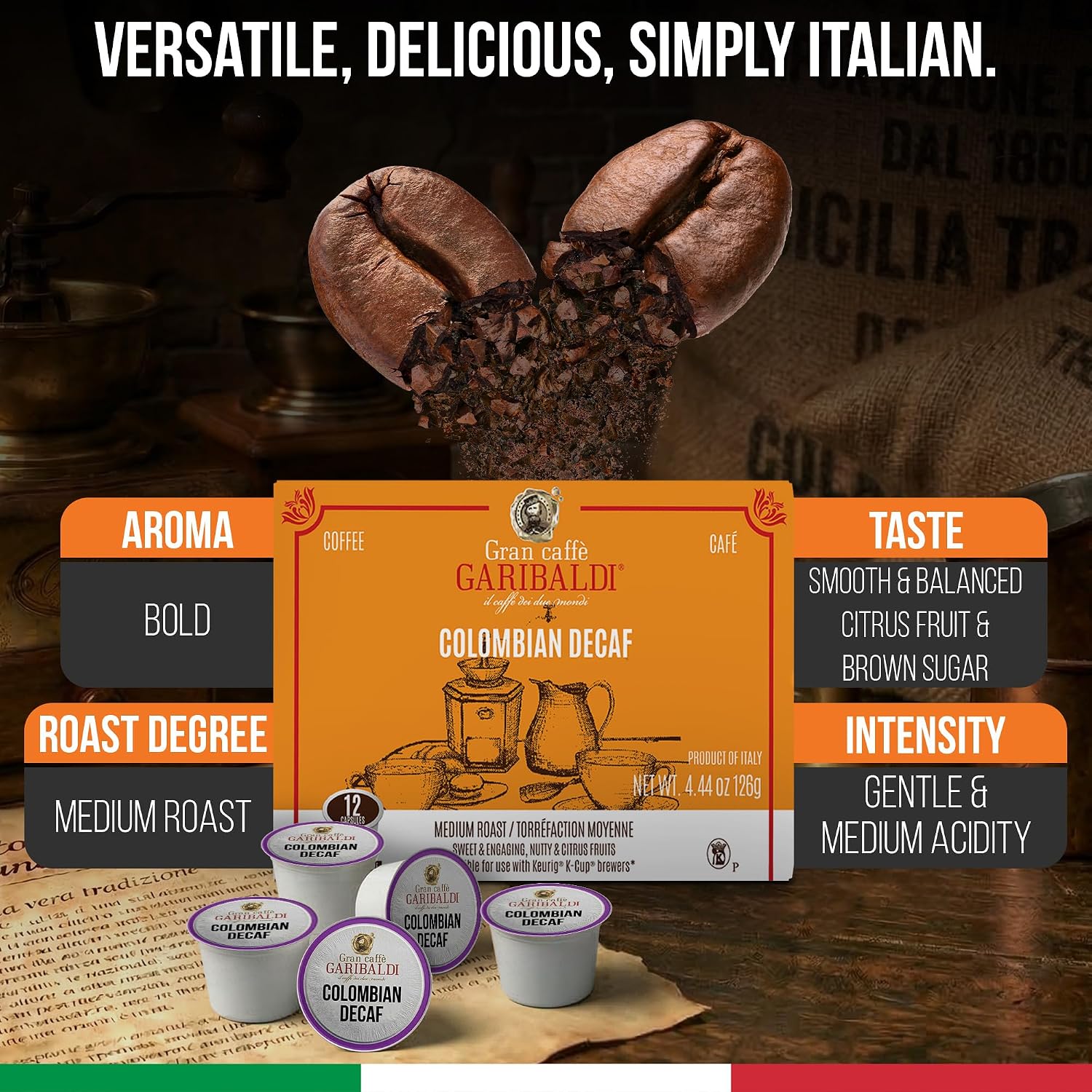 Caffè Garibaldi Colombian Coffee Pods for Keurig K-Cup Brewers, 12 Count