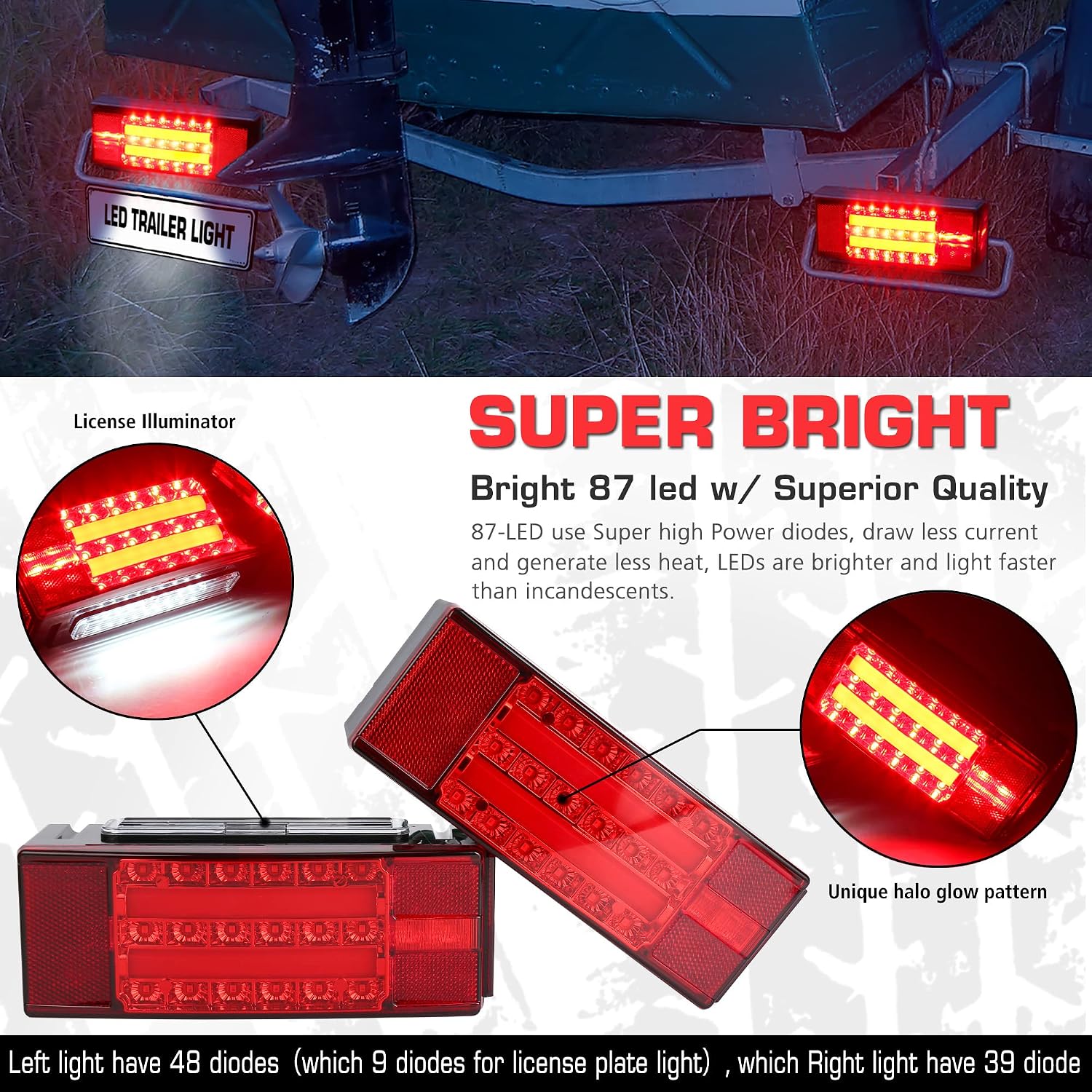 New Submersible LED Trailer Light Kit, Super Bright Brake Stop Turn Tail License Lights for Camper Truck RV Boat Snowmobile Over 80" Inches