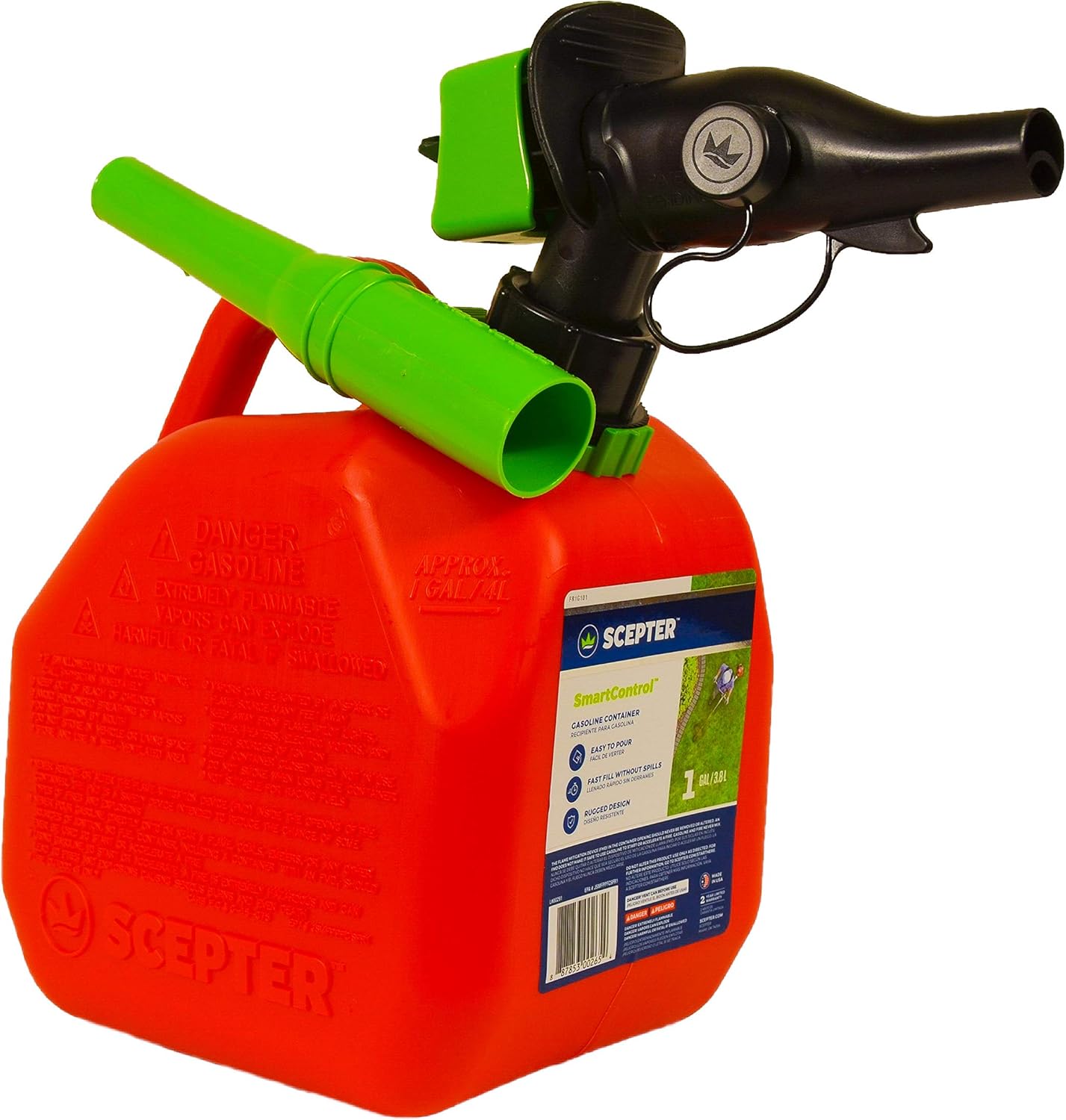 Scepter 1 Gal Gas Can, Spill Proof SmartControl Spout, Spout Extender, Red
