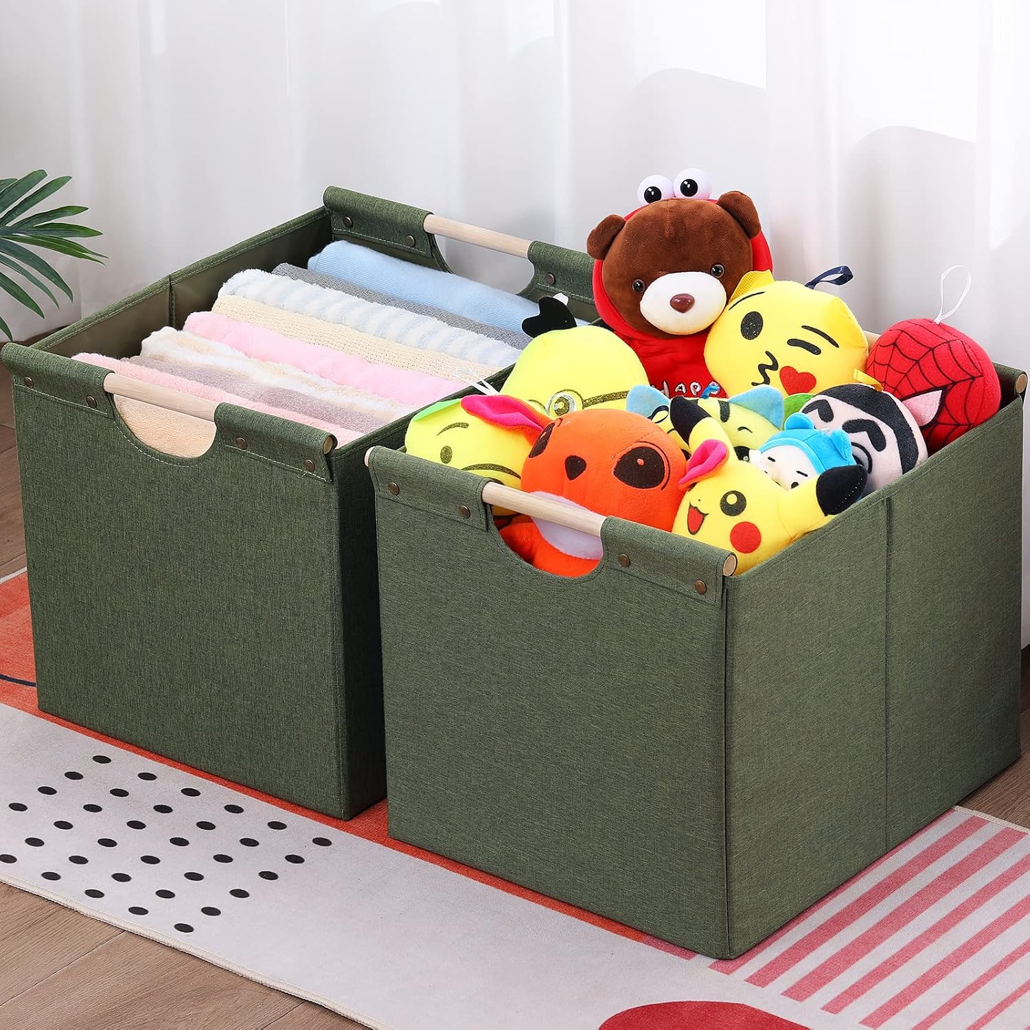 HOONEX Large Collapsible Storage Bins, Linen Fabric, 2 Pack, Storage Baskets with Wooden Carry Handles and Sturdy Heavy Cardboard, for Home, Office
