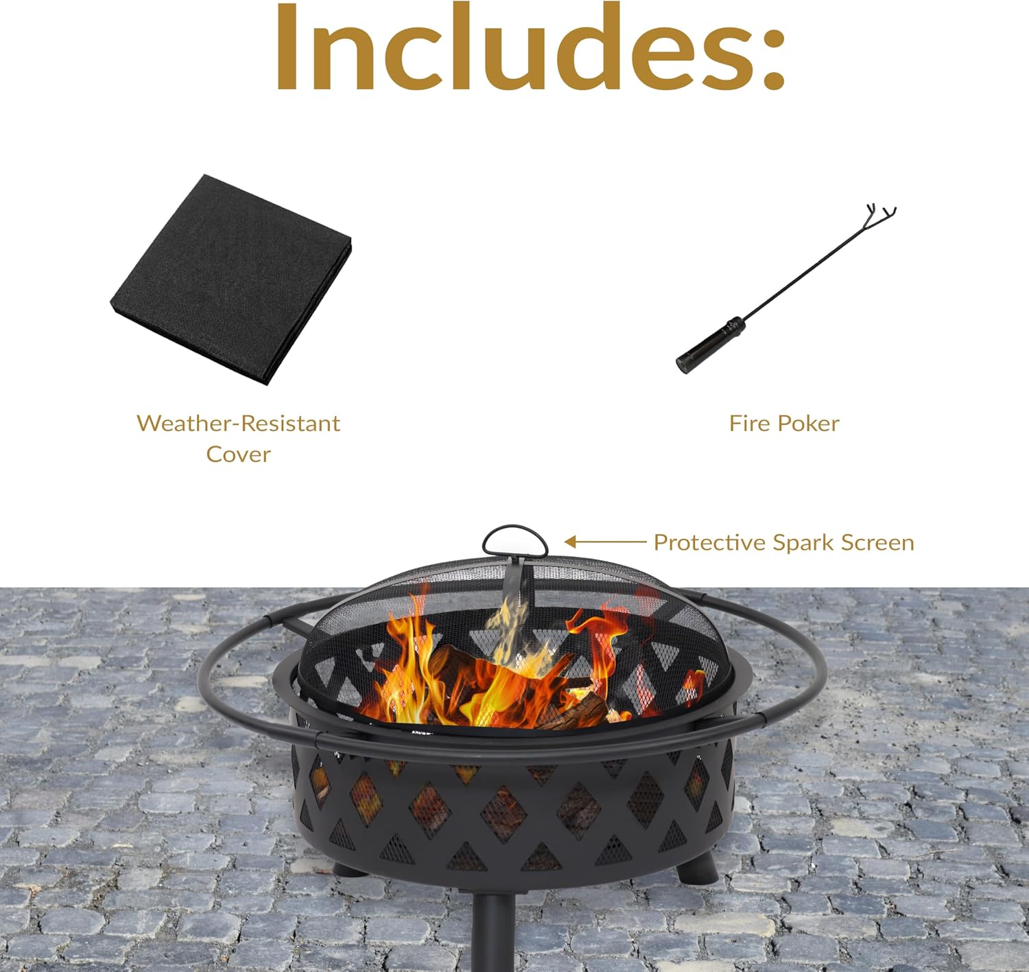 Sunnydaze Crossweave Large Outdoor Fire Pit, Wood Burning, Round, 36" | Black, Heavy Duty Steel Metal, Patio Fire Pit with Spark Screen, Poker, & Cover, Wood Firepit for Outside, Backyard, or Deck