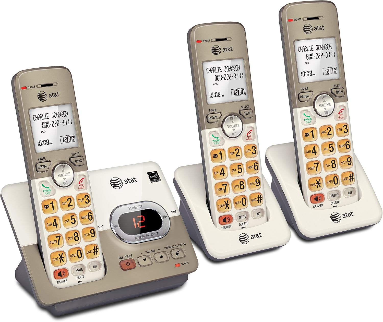 AT&T EL52213 2-Handset Cordless Phone, Light Champagne | Digital Answering System, Extra-Large Backlit Keys, Caller ID/Call Waiting, DECT 6.0, Expandable Speakerphone