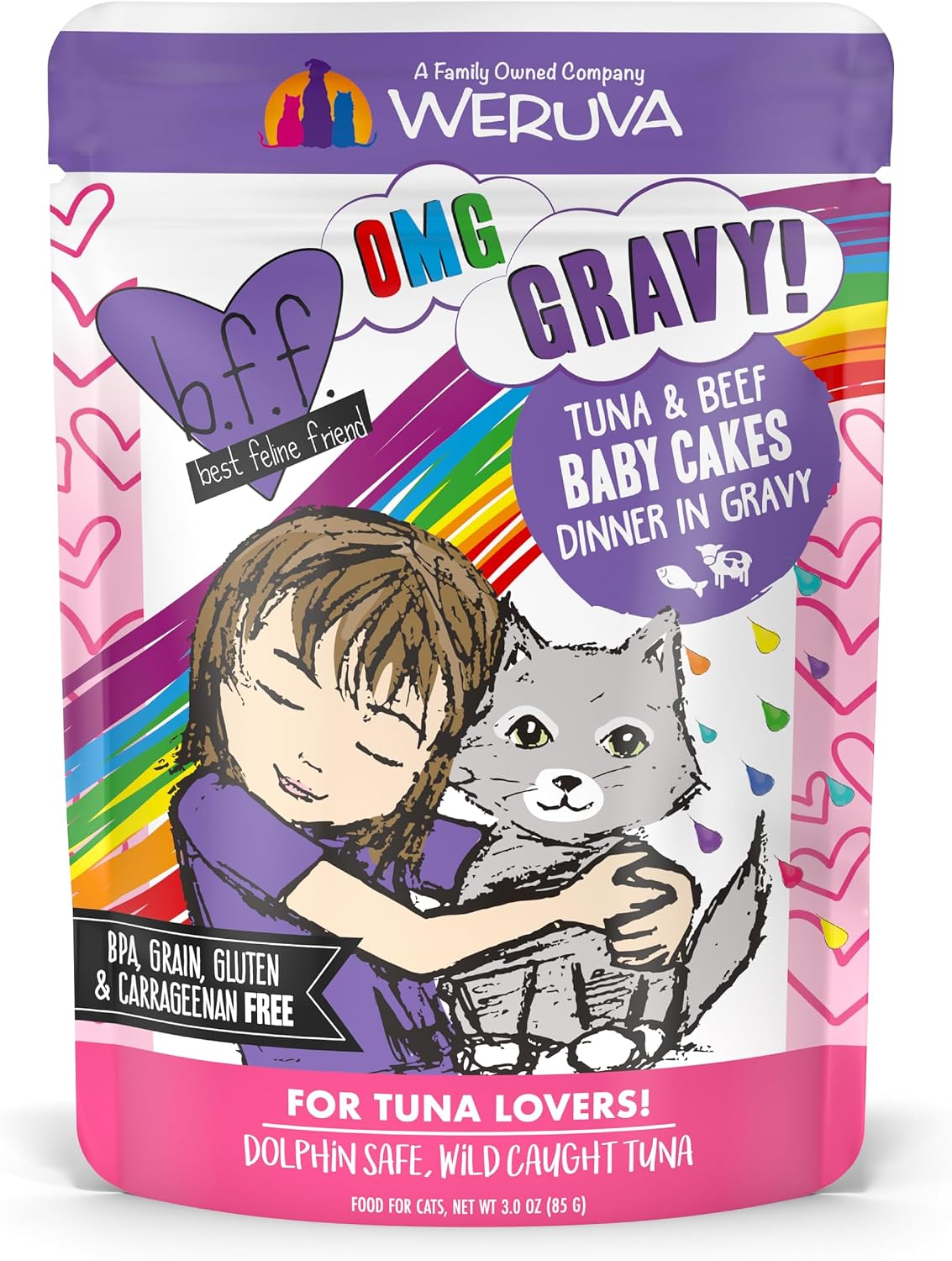 Weruva B.F.F. OMG - Best Feline Friend Oh My Gravy!, Tuna & Salmon Sweet Cheeks with Tuna & Salmon in Gravy Cat Food, 3oz Pouch (Pack of 12)