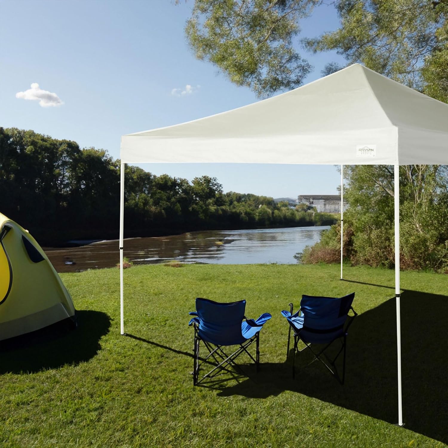 Caravan Canopy 12 by 12 Foot Polyester Straight Steel Leg Instant Pop Up Canopy Tent with Adjustable Height for Outdoor Events, Blue | 150D polyester top with 99 percent UV protection, 3 height settings to 9 ft, steel frame, roller bag and 4 stakes