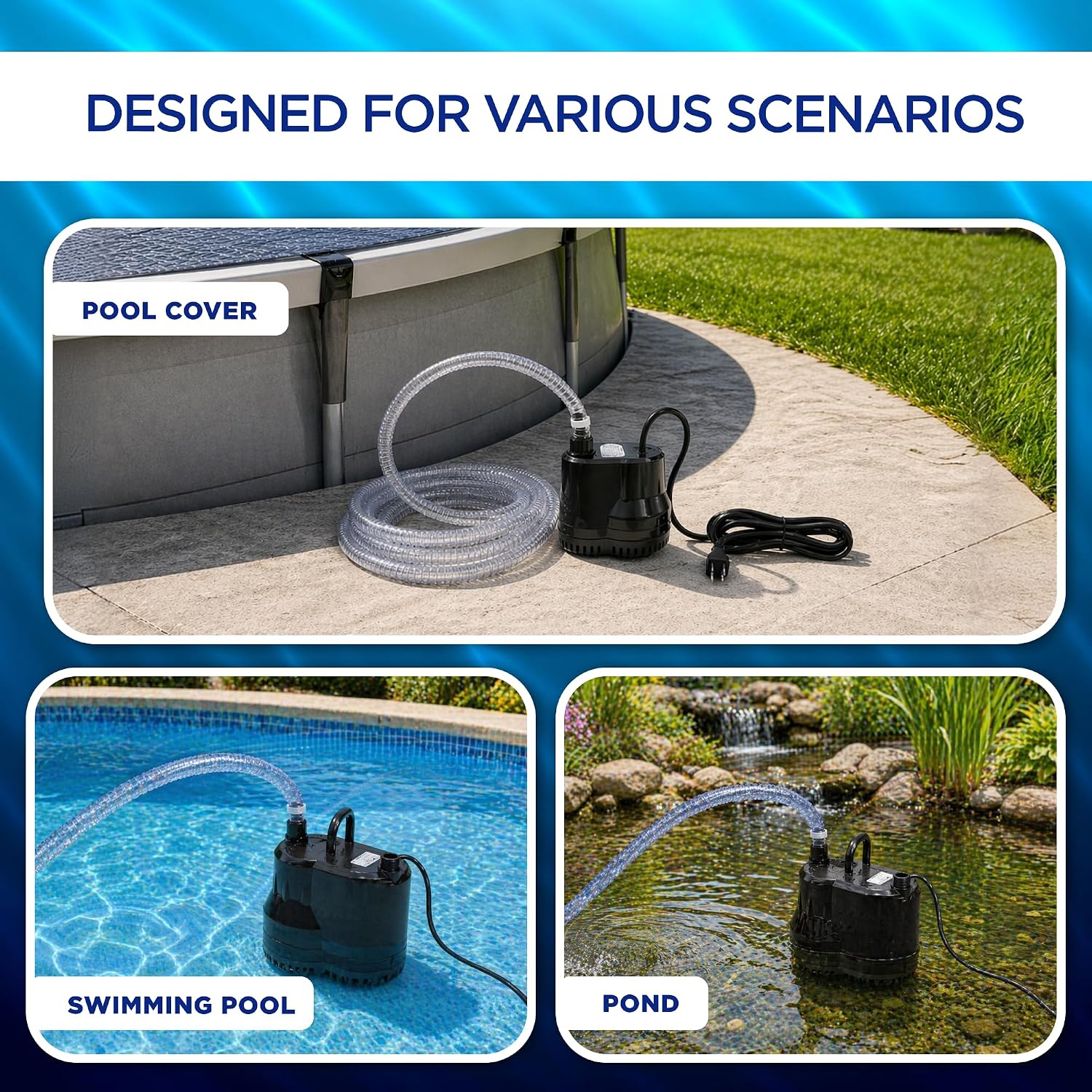 Pool Cover Pump - 75W 10 GPM 120V - 16 ft Hose - ABS Plastic | Submersible Design, Flat Base For Shallow Water, Manual Shut Off, 16 ft Power Cord