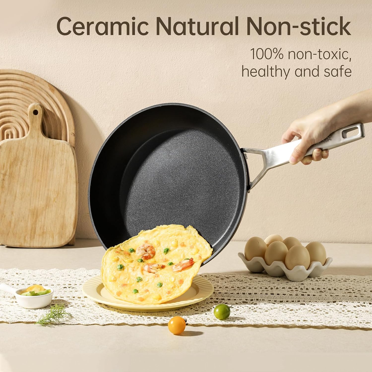 MsMk 12 Inch Nonstick Frying pan with Lid, Grey Large Cooking Pan Skillet